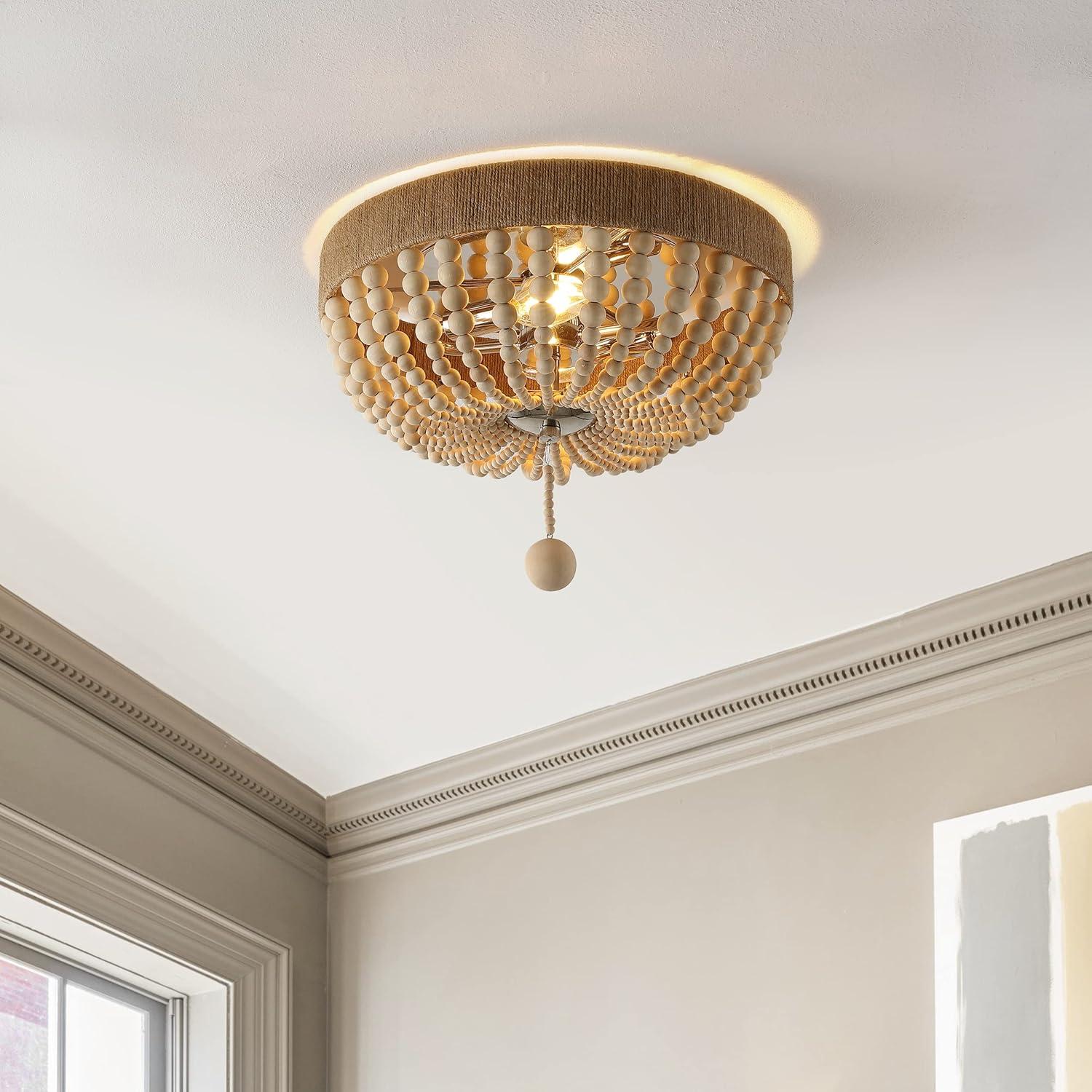 JONATHAN Y Justina Wood Bead 14" 2-Light Farmhouse Bohemian Iron LED Flush Mount, Light Taupe/Chrome, JYL1307A