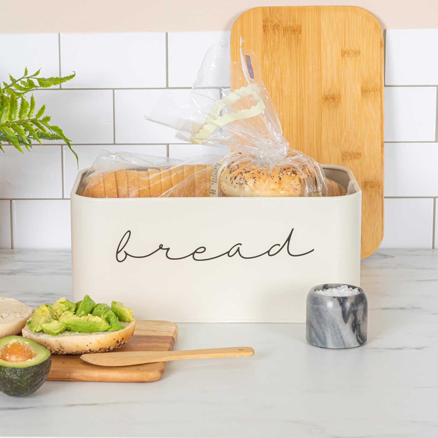 Storied Home Metal "bread" Bin with Bamboo Lid, Cream