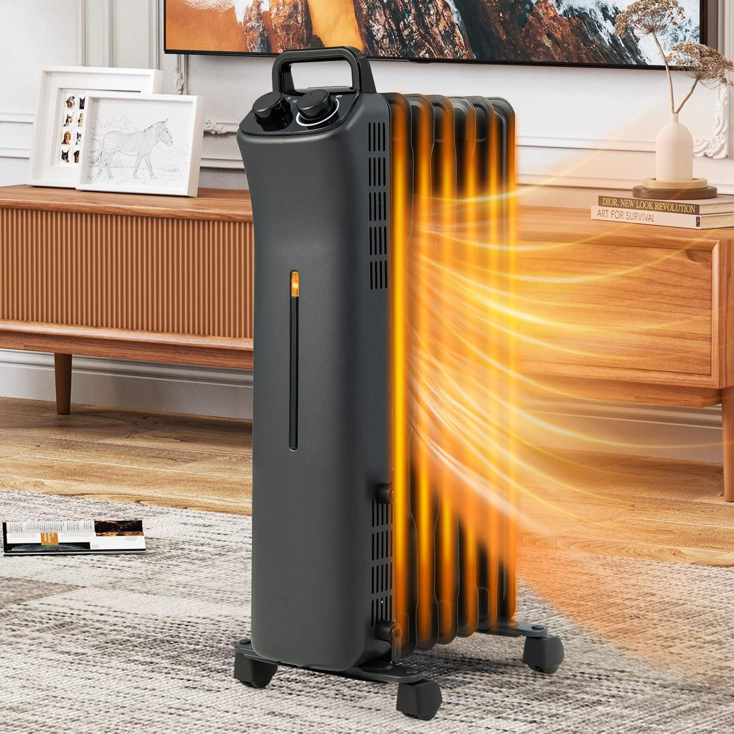 Black 1500W Oil Filled Radiator Heater with Adjustable Thermostat