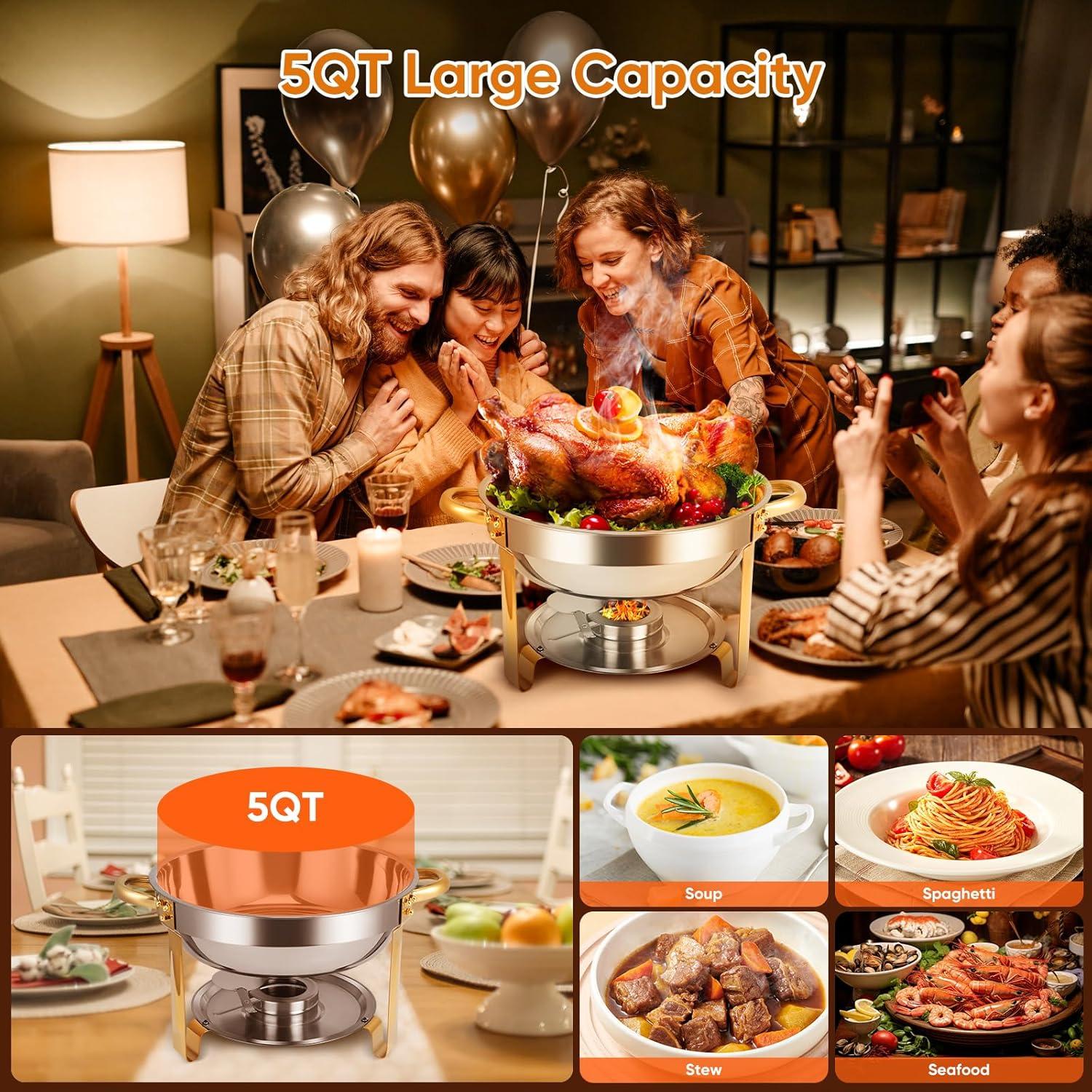 WhizMax Chafing Dish Buffet Set 2 Pack 5QT, Stainless Steel Round Chafing Dishes for Buffet with Lid Holder & Glass Lid, Gold
