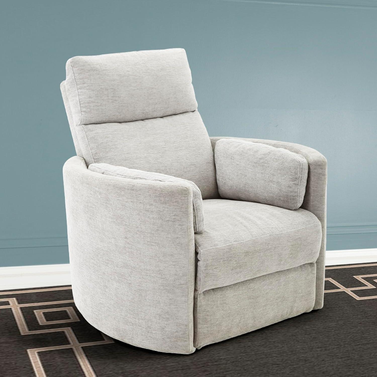 Cream Leather Swivel Glider Recliner with Wood Frame