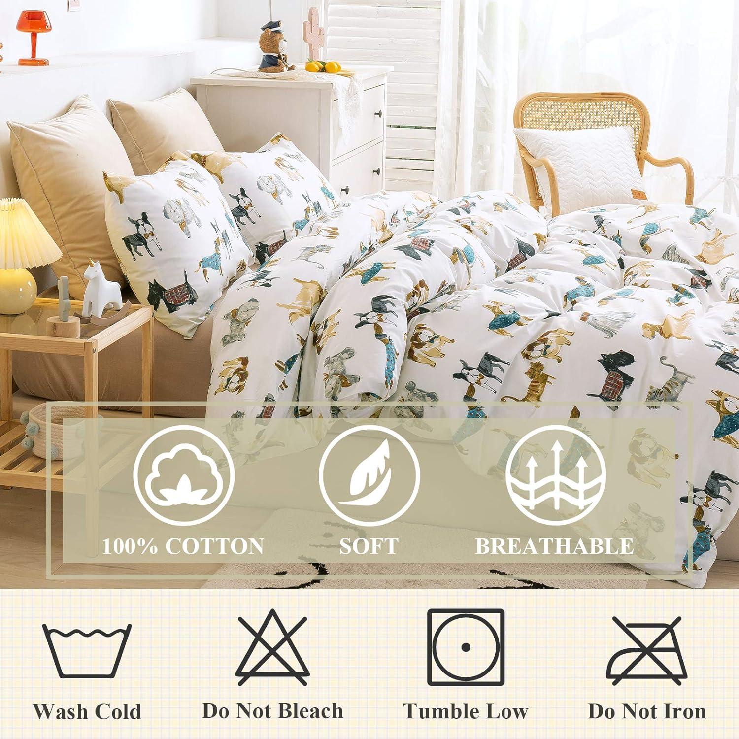 Ivellow 100% Cotton Queen Duvet Cover Set, Cartoon Dog Puppy Patterned Kids Duvet Cover for Boys Girls Soft Bedding Sets 3Pcs White Comforter Cover with Zipper Closure 2 Pillowcases, (No Comforter)