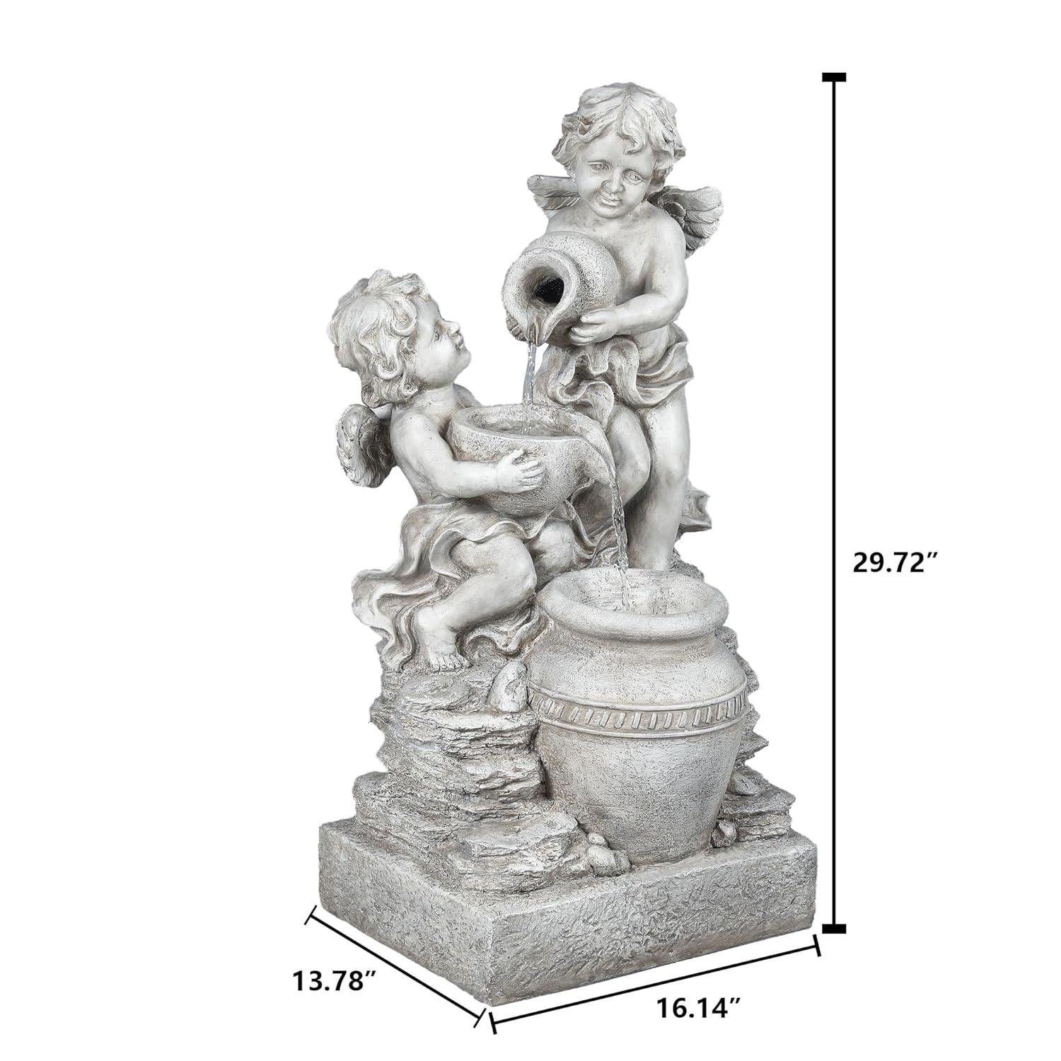 LuxenHome 30” Gray Resin Cherub Angels Outdoor Water Fountain with LED Lights, Garden Fountain Decor for Yard