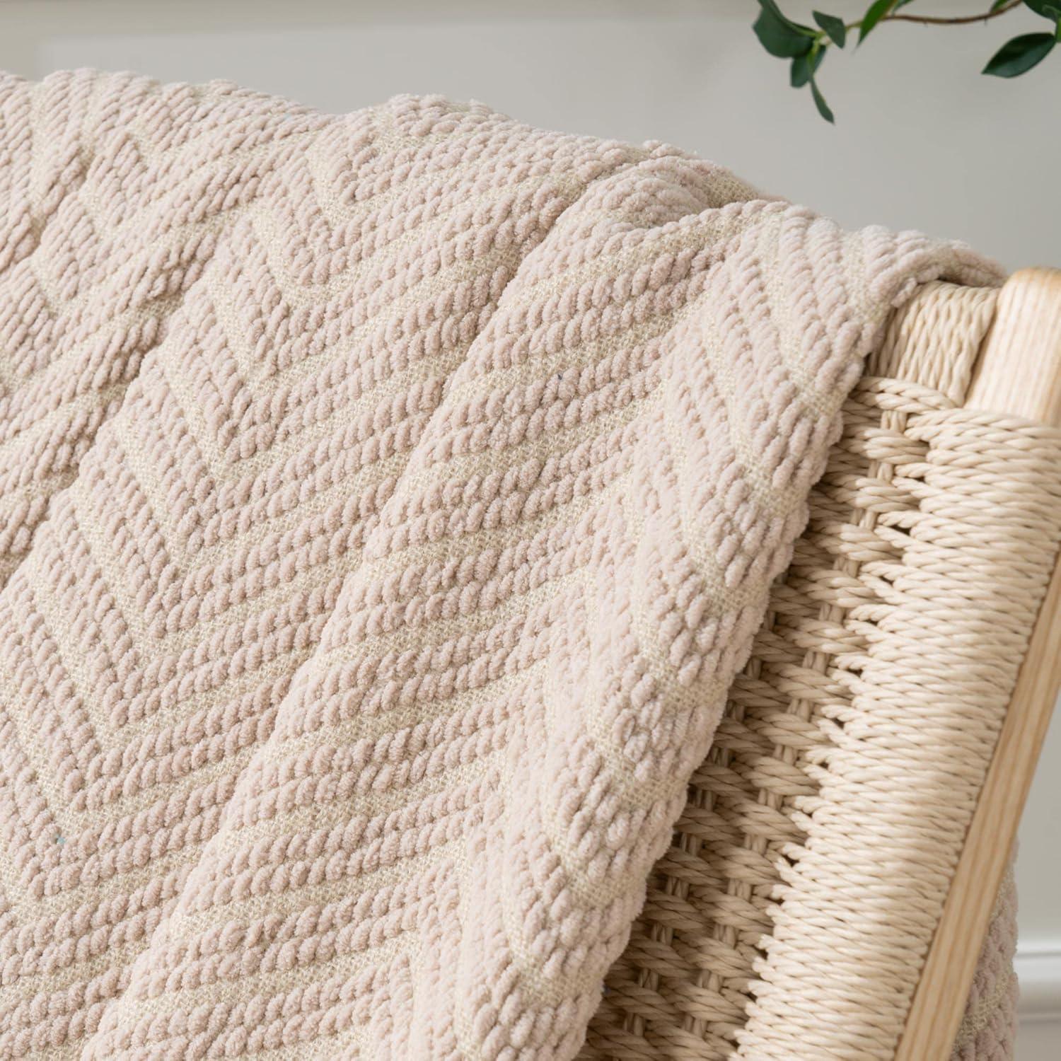 Batilo Beige Throw Blankets,Herringbone Knitted Throw,Neutral Blankets,Housewarming Gifts, 60" x 80"