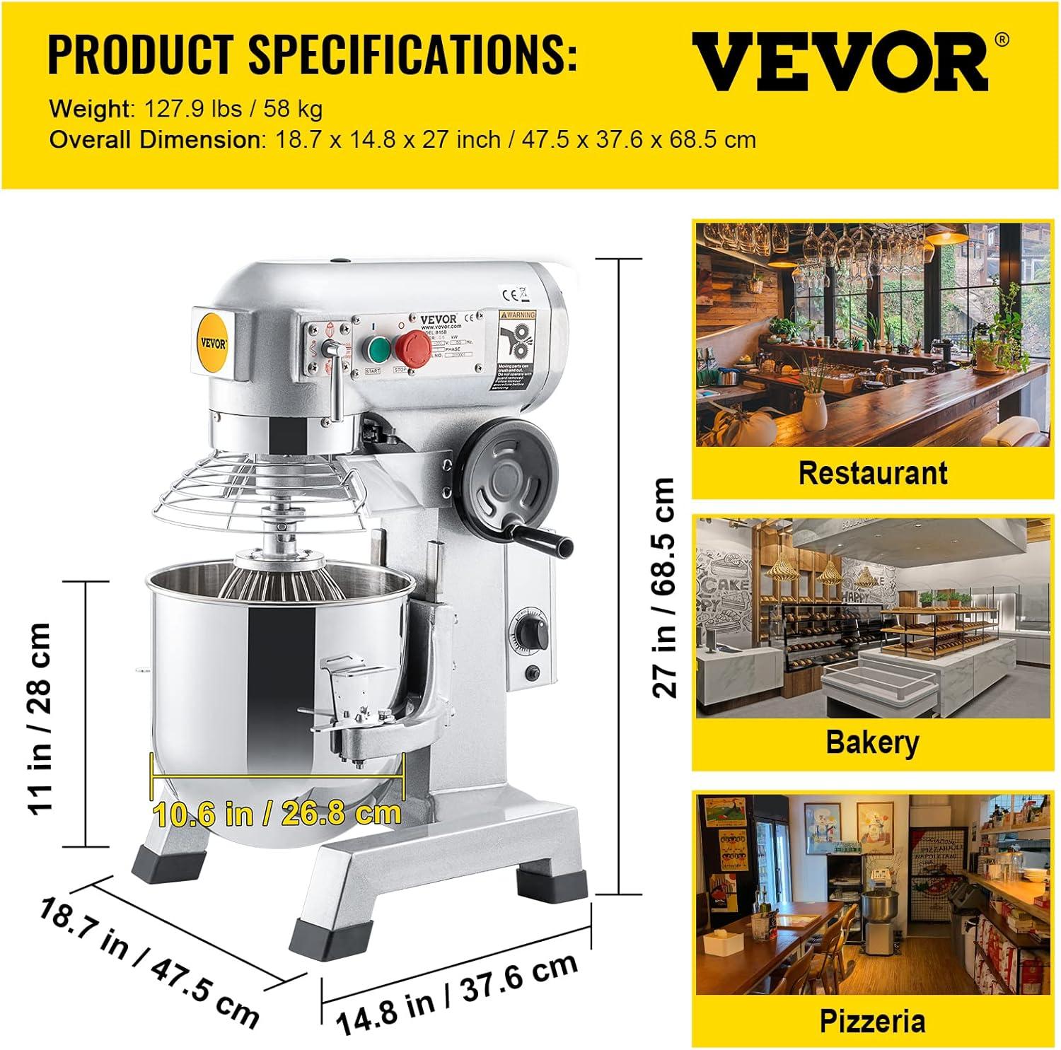 VEVOR 15-Quart Silver Stainless Steel Commercial Stand Mixer