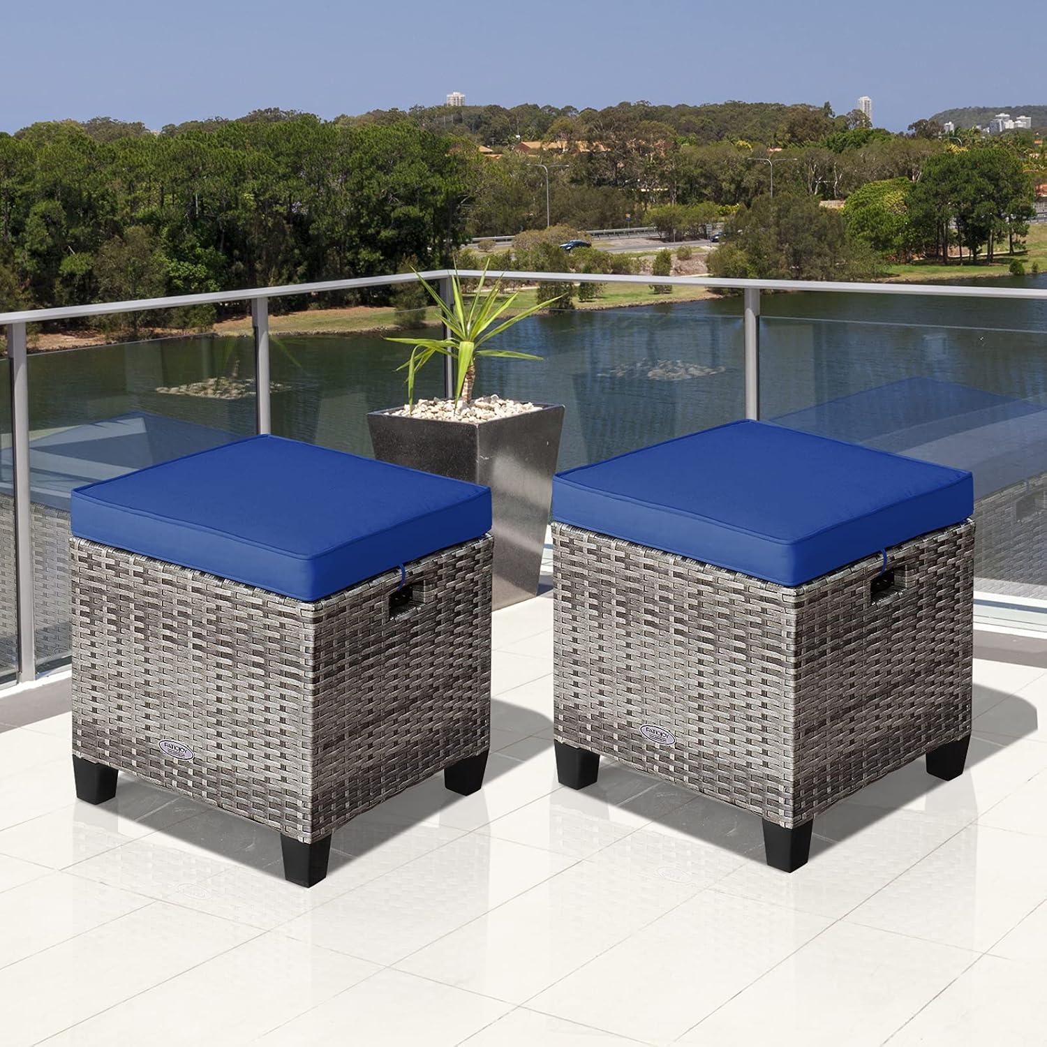 Patiojoy Set of 2 Outdoor Rattan Cushioned Ottoman Seat All Weather Patio Ottoman Footrest Navy