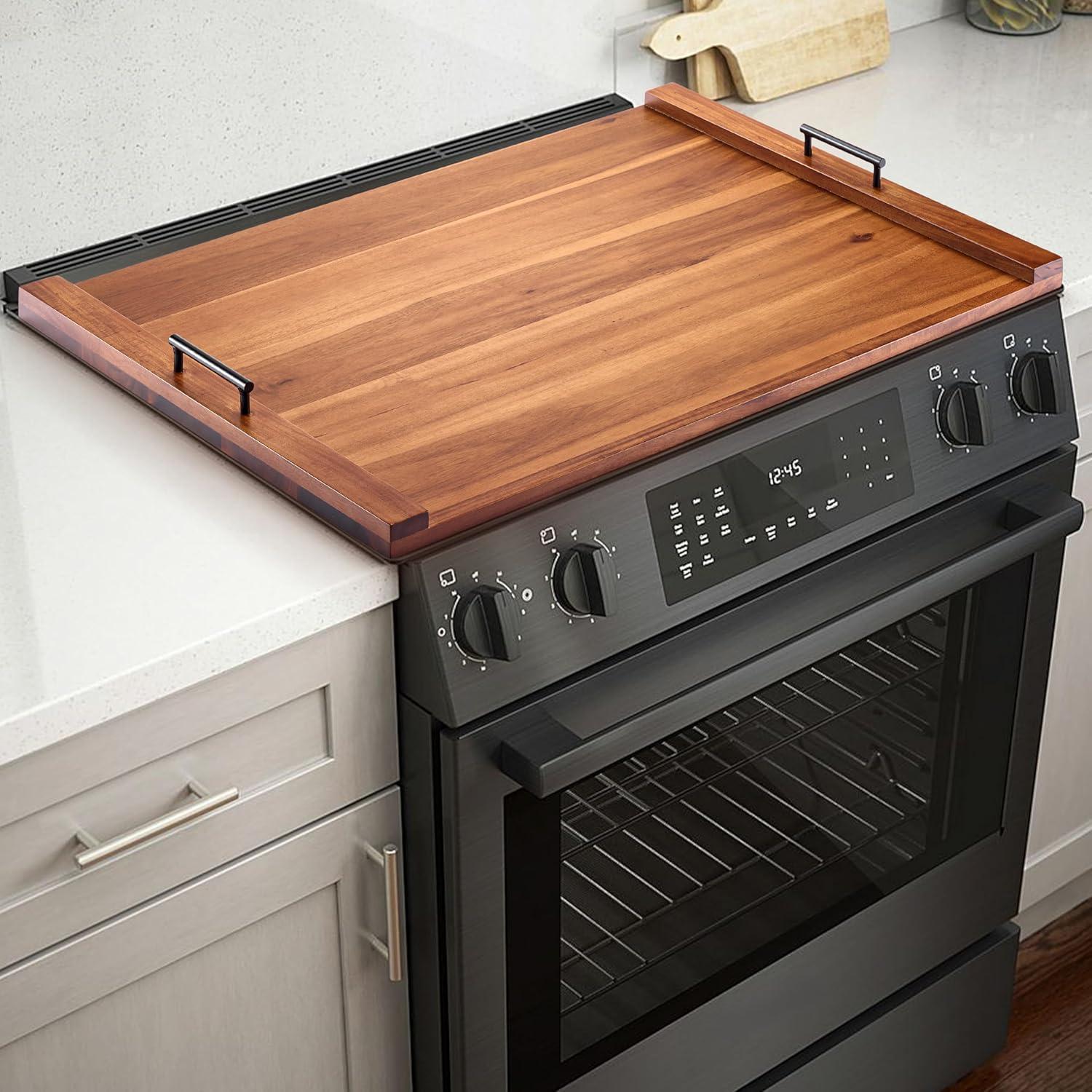 Acacia Wood Stove Top Cover with Metal Handles