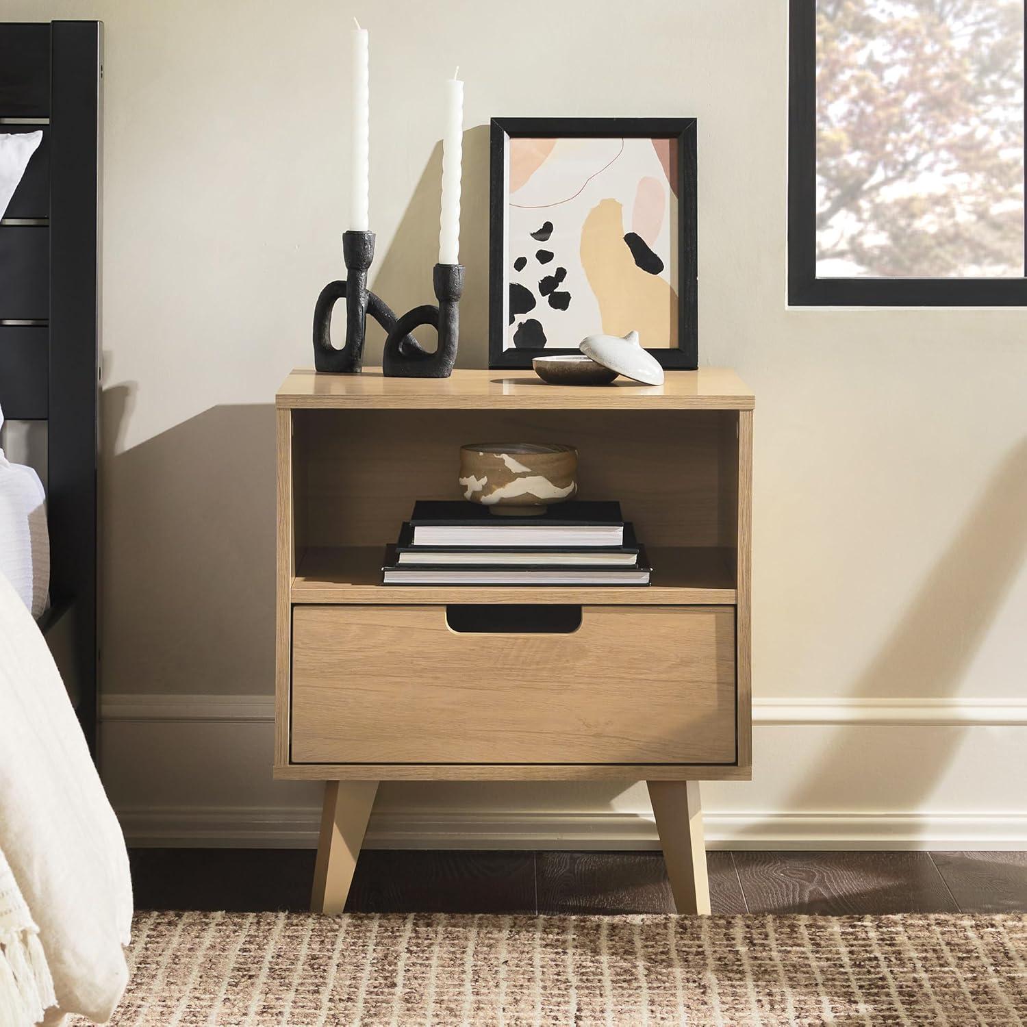 Riviera Mid-Century Modern 1-Drawer Nightstand with Open Cubby