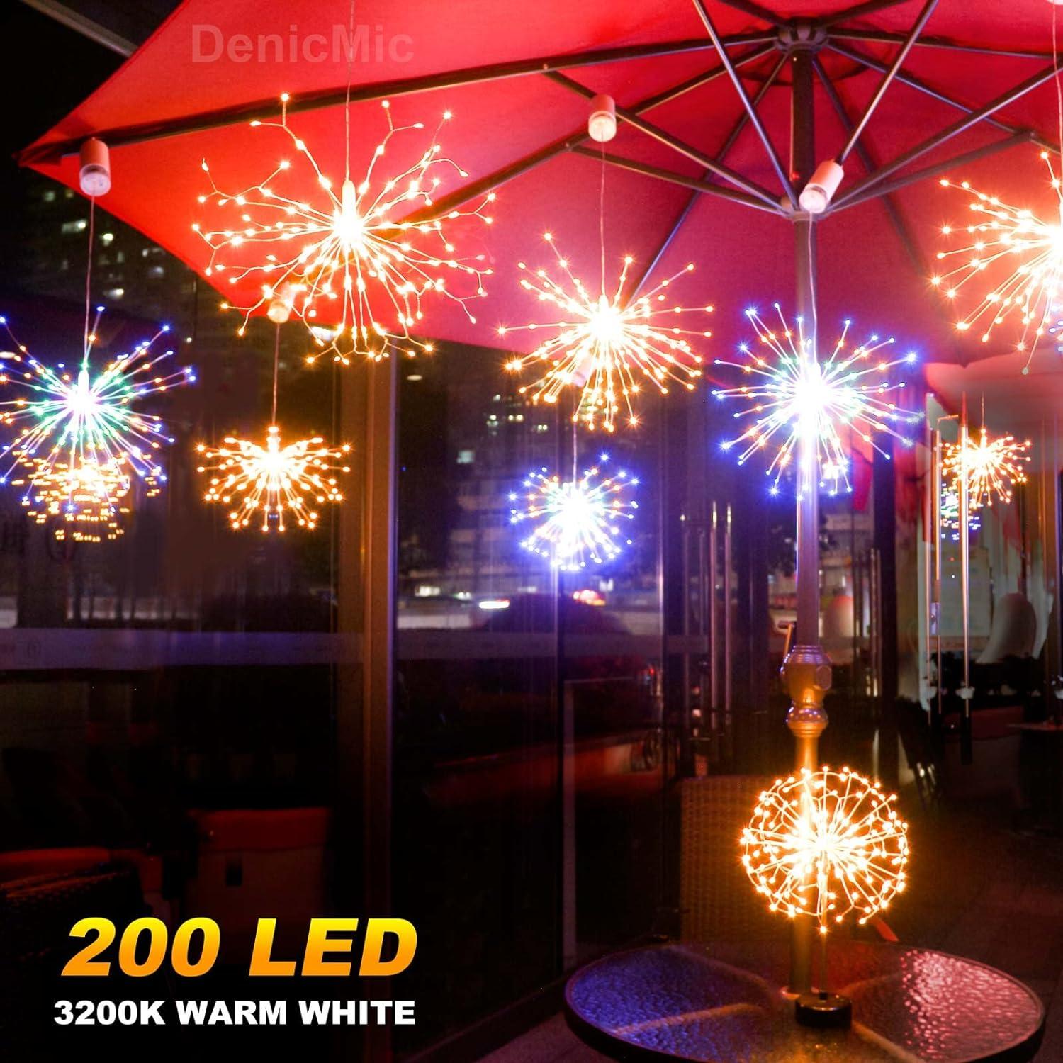 Firework Lights 200 LED Copper Wire Starburst Light, 8 Modes Battery Operated Fairy Star Sphere Lights with Remote, Warm White Hanging Ceiling Decorations for Bedroom, Christmas, Party 2 Pack