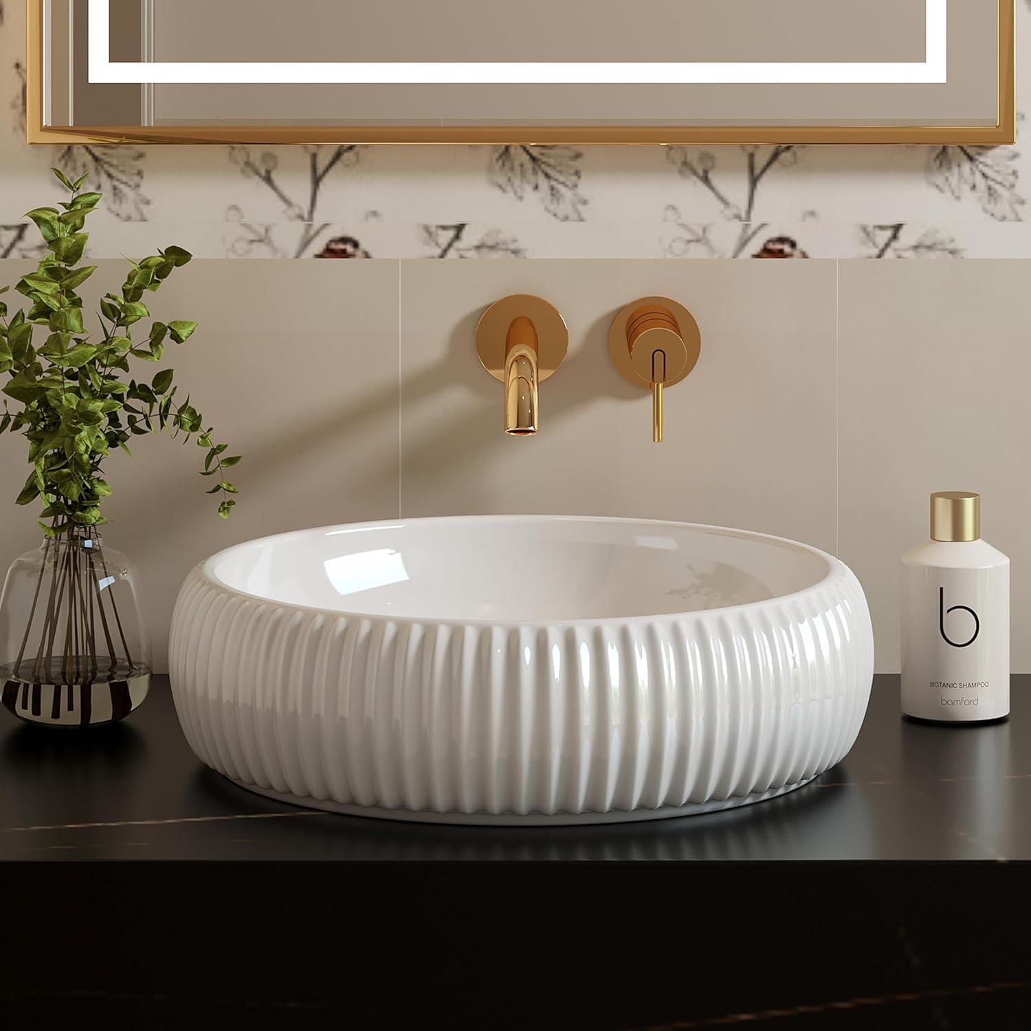 Glossy White Round Ceramic Above-Counter Vessel Sink