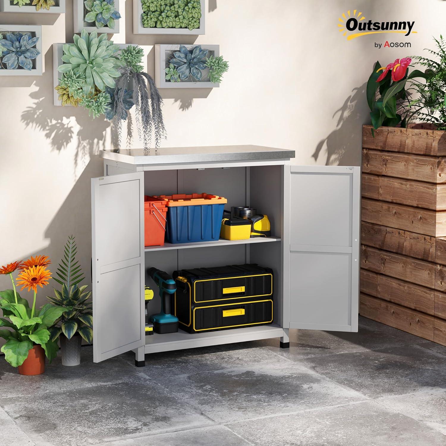 Outsunny Wooden Storage Cabinet, Outdoor Prep Station with Metal Tabletop and Shelf, Patio Storage Cabinet with Double Doors, Gray
