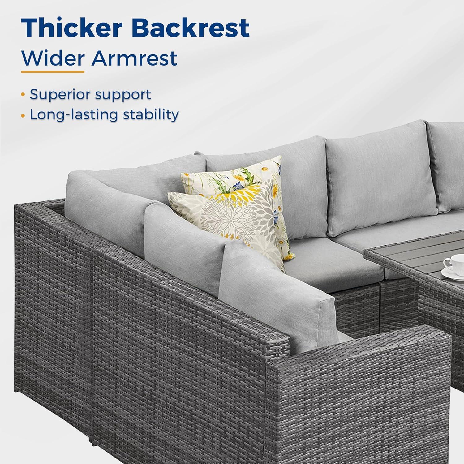 CozyHom 7 Pcs Outdoor Patio Sectional Dining Table Furniture Sofa Sets All Weather PE Wicker Rattan Conversation Set With Ottoman and Cushions, Gray