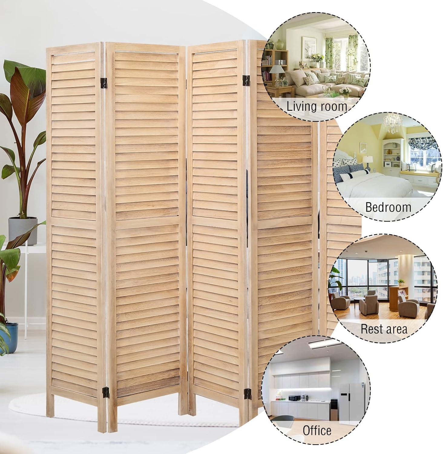 ECOMEX 6 Panel Wood Room Divider, Folding Room Divider Privacy Screen 5.6Ft Tall, Freestanding Louvered Divider Screen for Home Office Restaurant Bedroom(Cream)