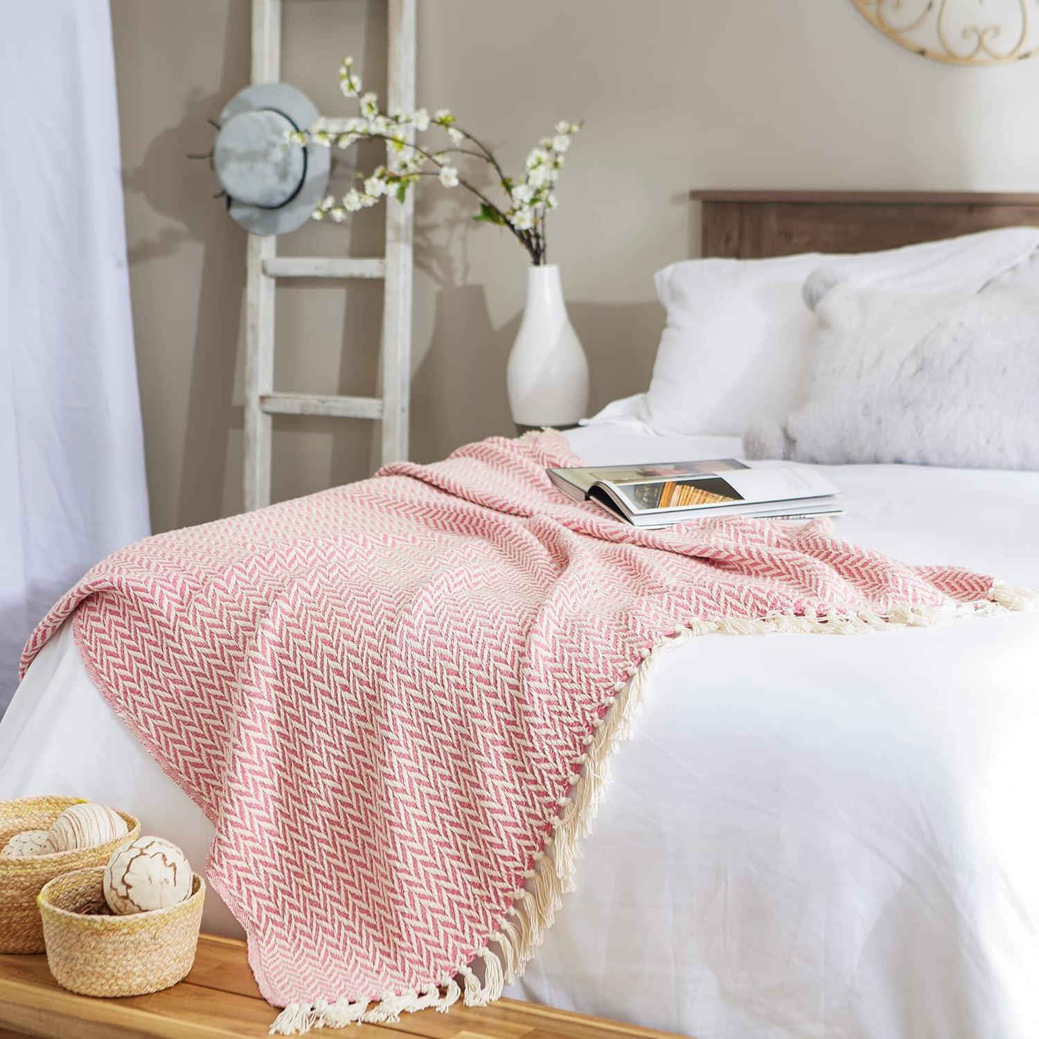 Blush Pink Cotton Zigzag Patterned Reversible Throw Blanket