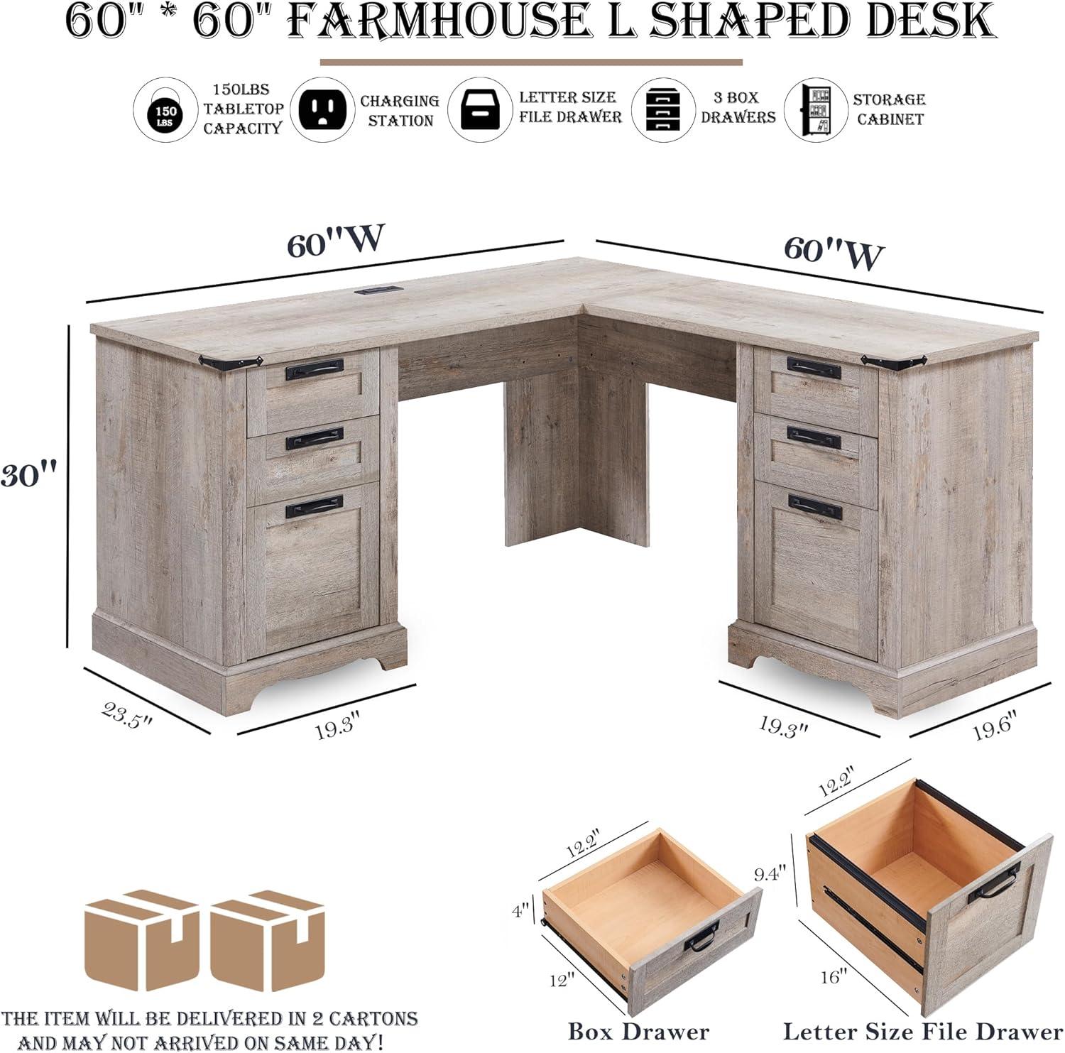 RedLemon 60" Farmhouse L Shaped Desk with Drawers, Wood Home Office Corner Executive Desk with Charging Station, File Drawer, Storage Cabinet, Rustic Computer Writing Desk (Light Rustic Oak)