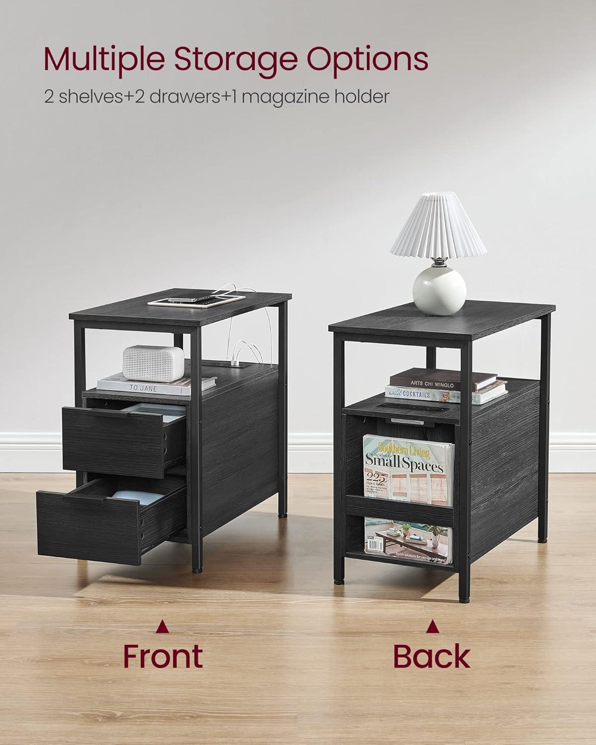 Side Table with Charging Station, Narrow End Table with 2 Drawers, Slim Nightstand and Bedside Table with Storage, for Small Spaces, Black ULET321B22