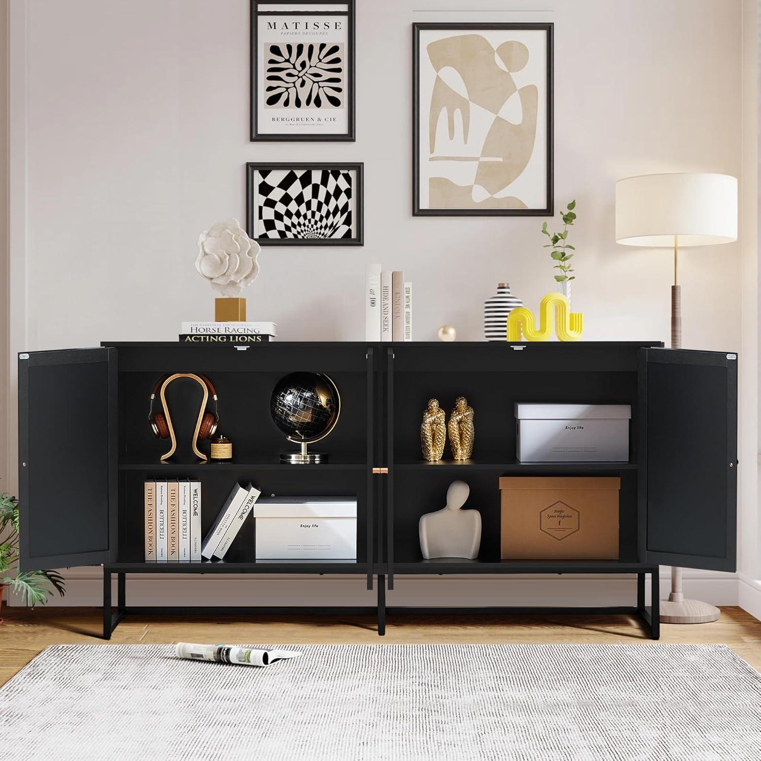 Black Metal and Rattan 4-Door Sideboard with Adjustable Shelves