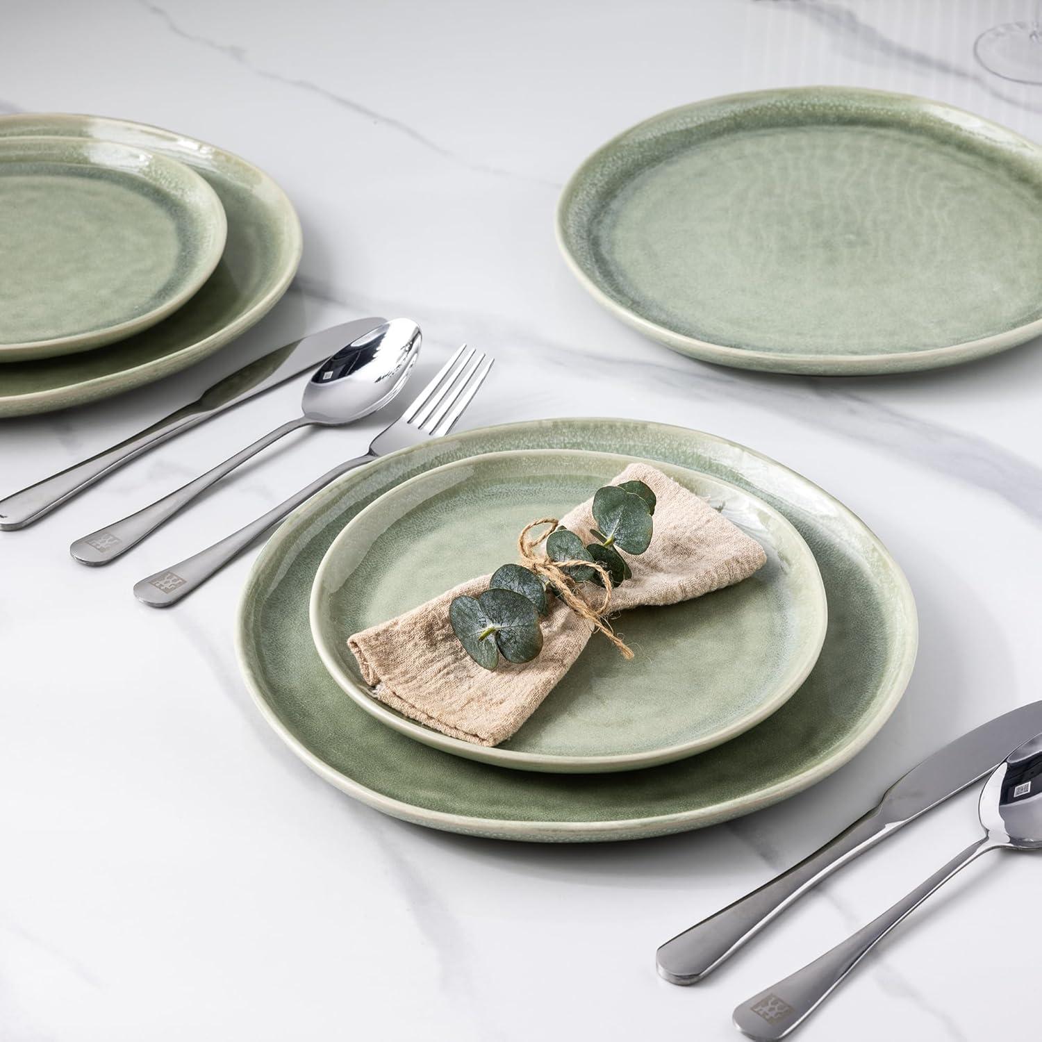 Olive Green and White Ceramic Dinnerware Set for 4