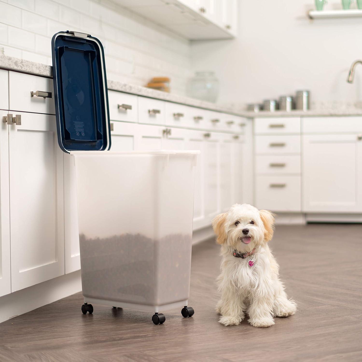 IRIS USA 37.5 Lbs / 47 Qt WeatherPro Airtight Pet Food Storage Container with Attachable Casters, Navy/Pearl