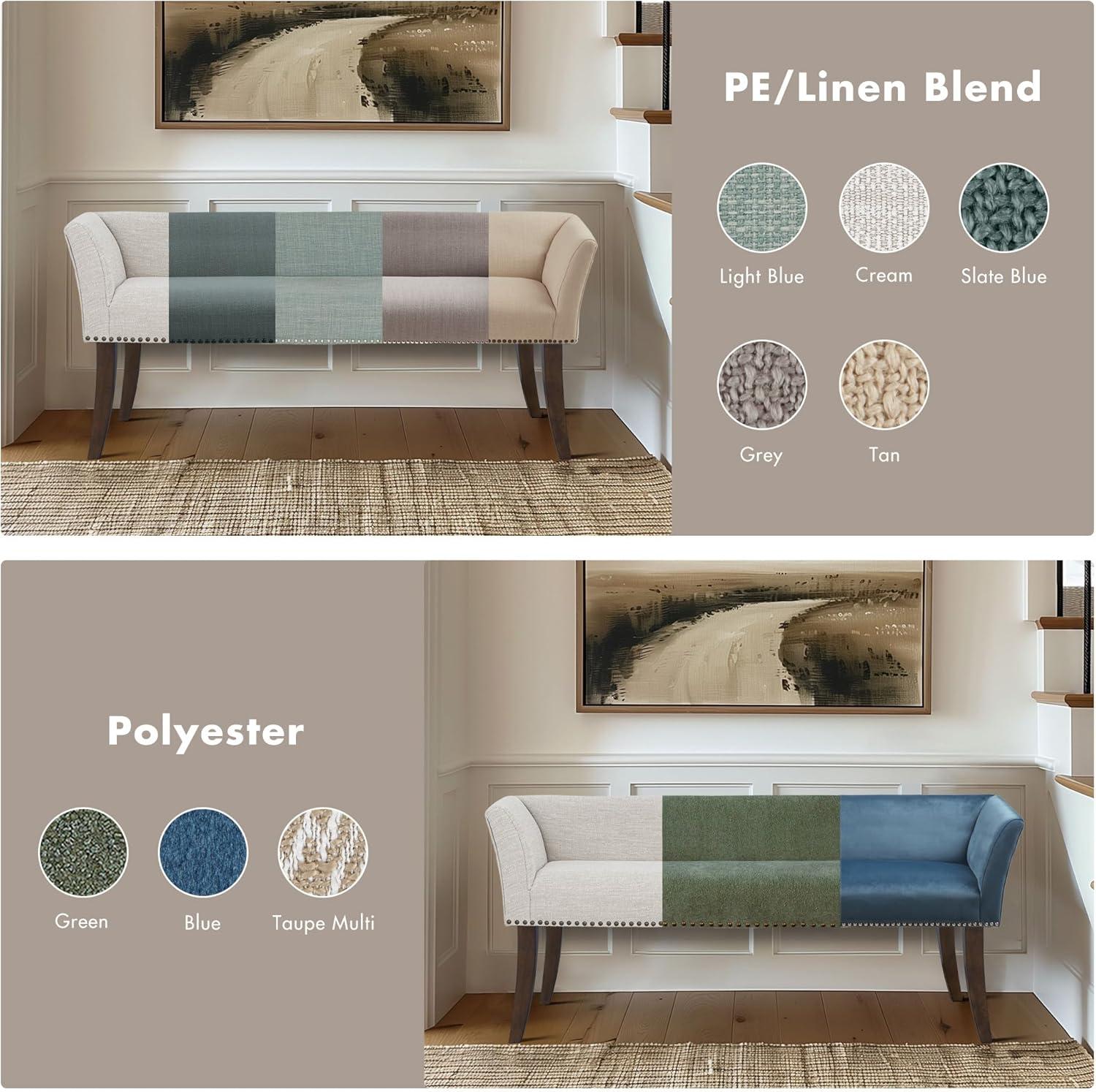 Madera Accent Bench Taupe: Madison Park, Rectangle, Nailhead Trim, Polyester Upholstery, Wood Legs