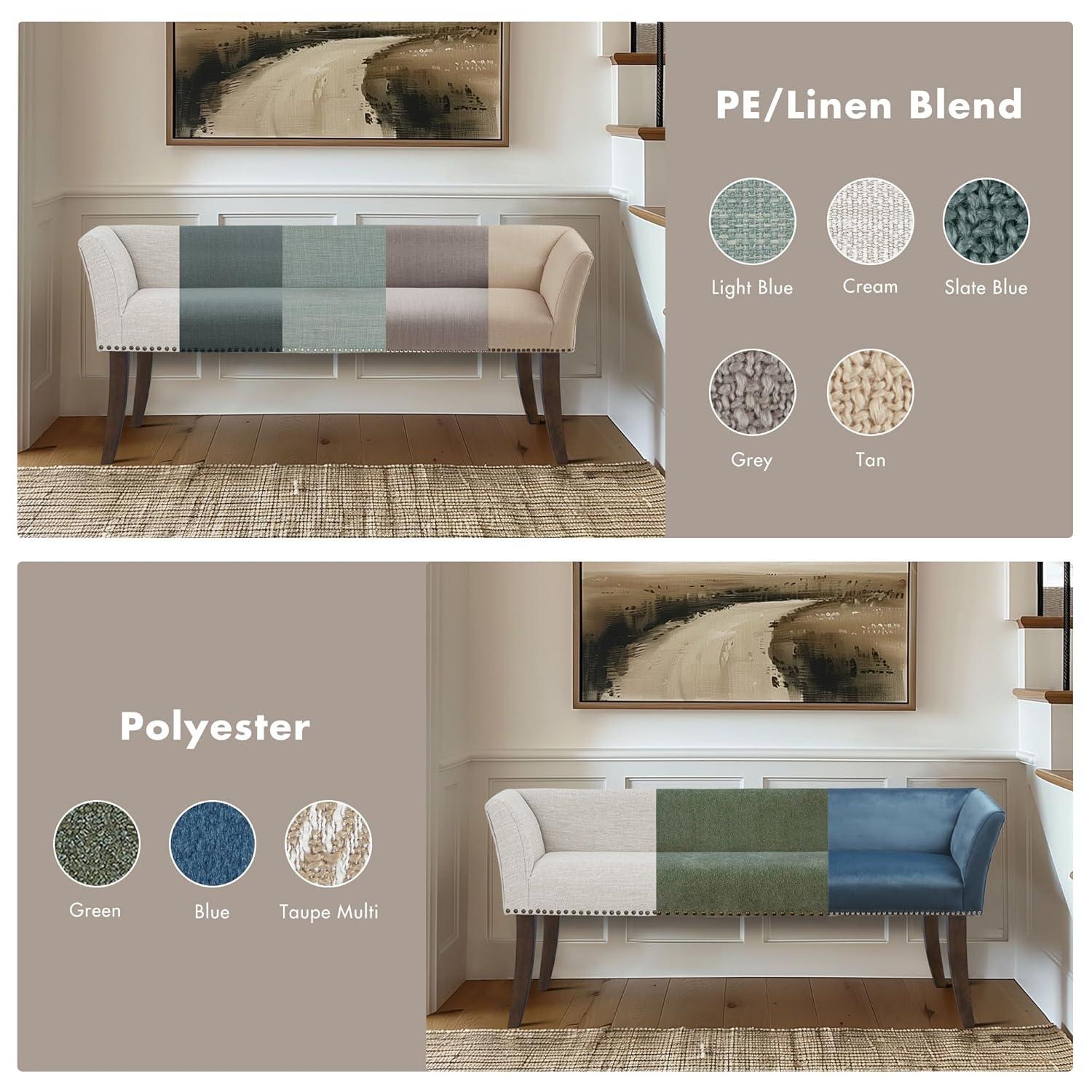 Madera Accent Bench Taupe: Madison Park, Rectangle, Nailhead Trim, Polyester Upholstery, Wood Legs