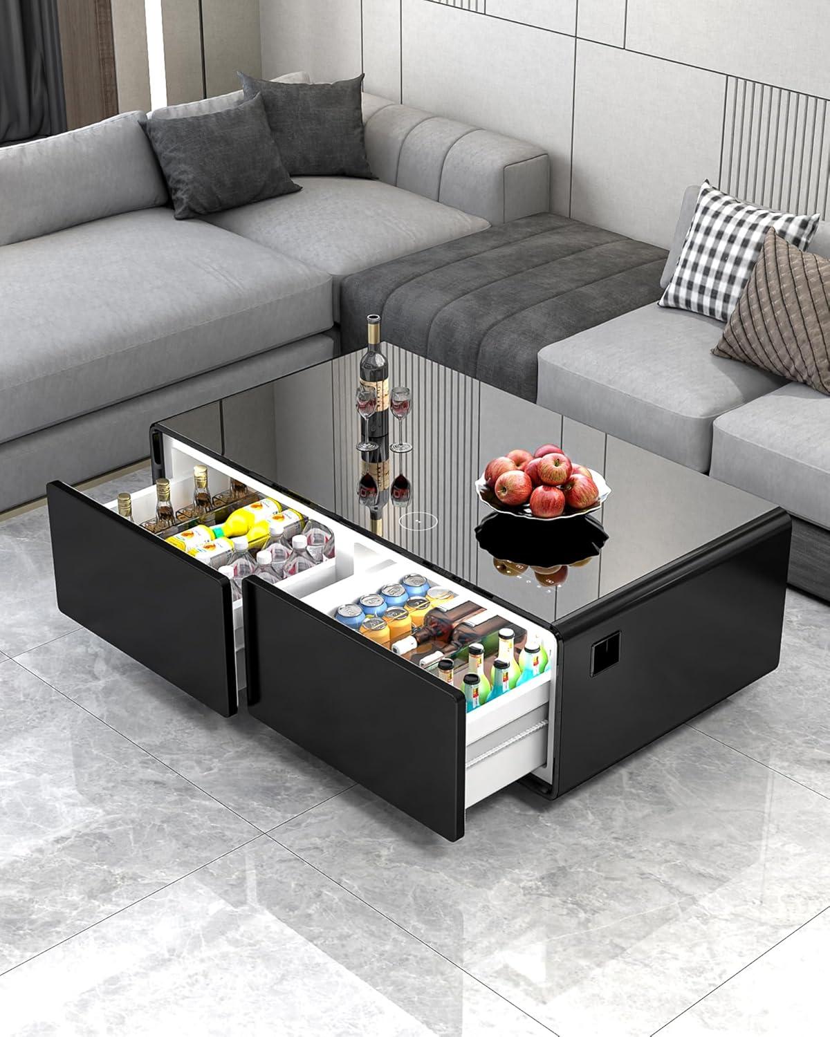 Black High Gloss Smart Coffee Table with Storage and Built-in Fridge