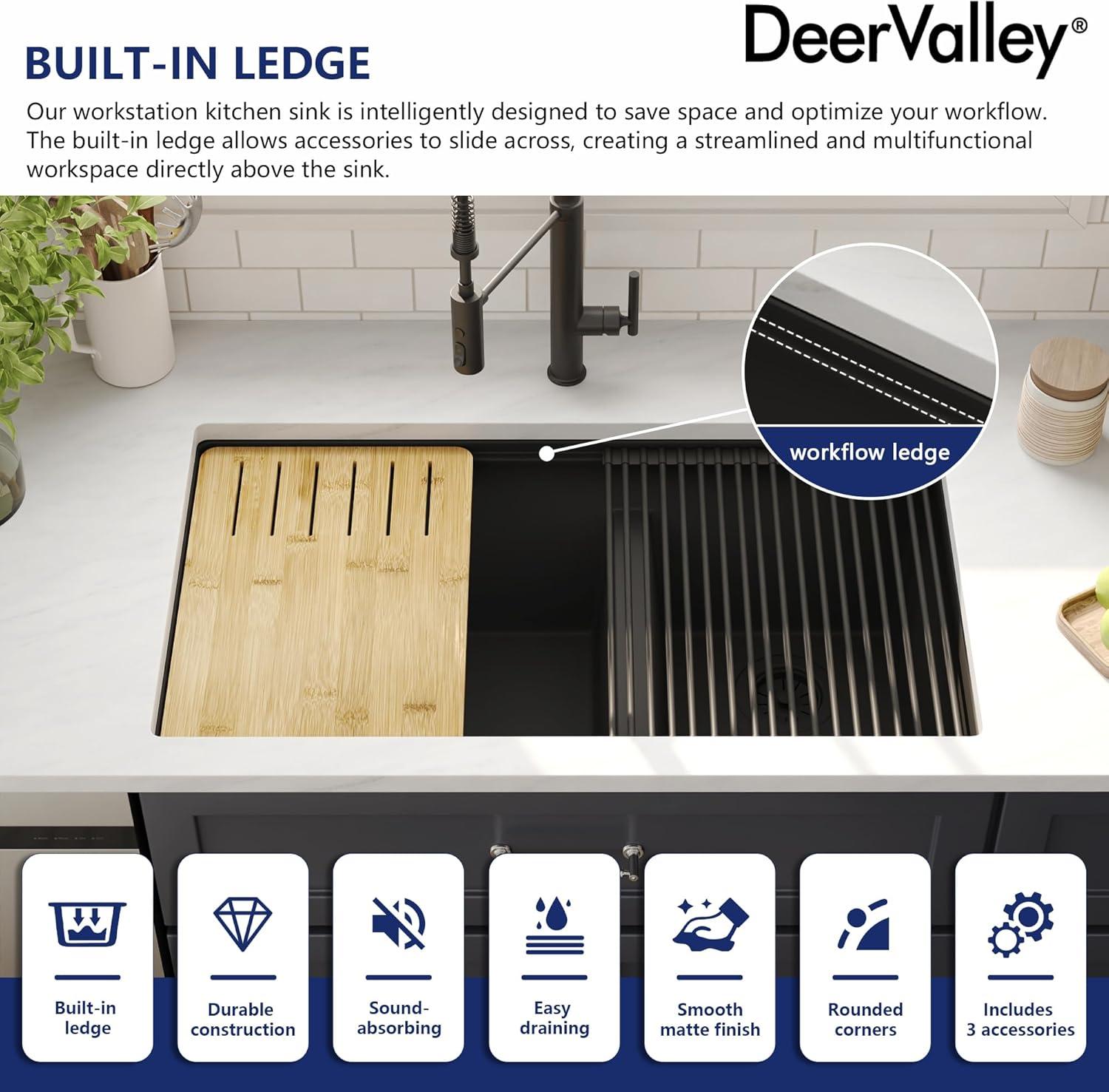 DeerValley 33" x 19" Undermount 60/40 Double Bowl Quartz Composite Kitchen Sink with Accessories