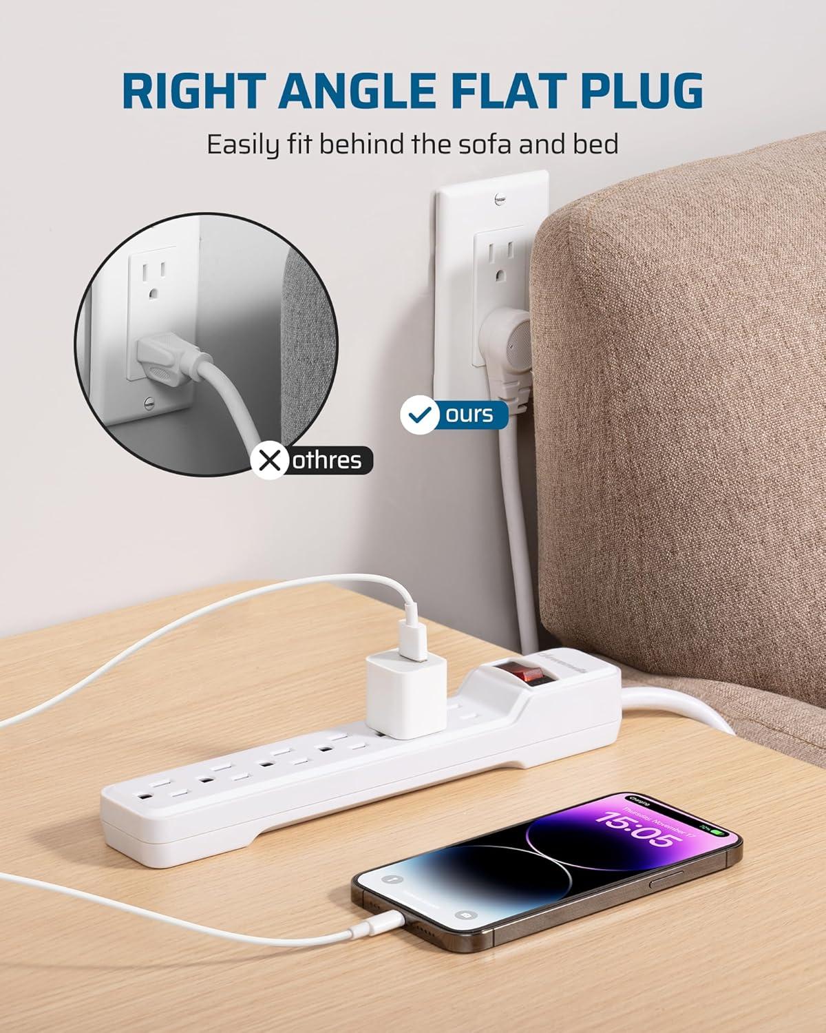 DEWENWILS 6-Outlet Power Strip Surge Protector, 15ft. Extra Long Extension Cord, 500 Joules, Flat Plug, White