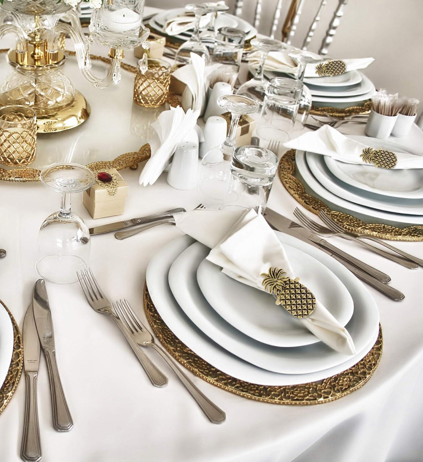 Golden Pineapple Embossed Metal Napkin Rings Set of 6