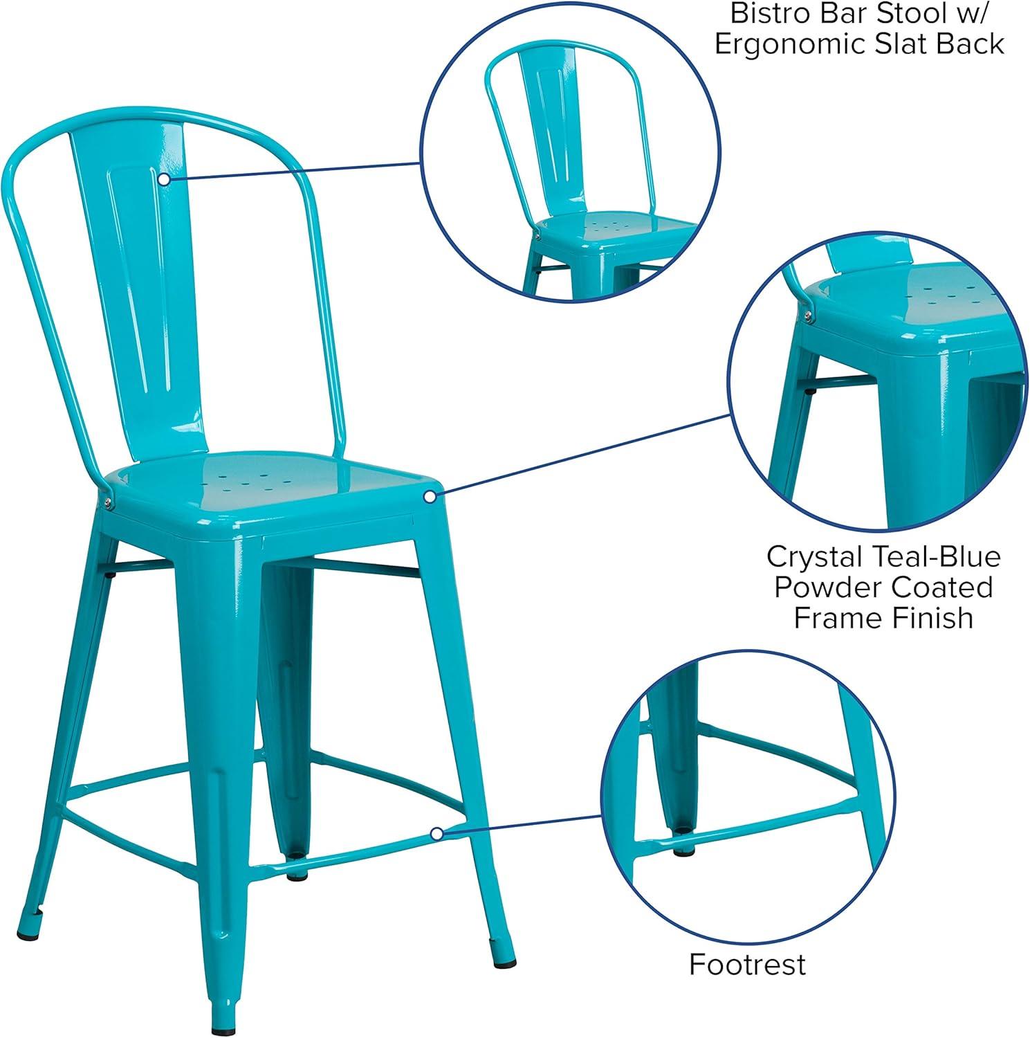 Emma and Oliver Commercial Grade 24"H Teal-Blue Metal Indoor-Outdoor Counter Stool w/ Back