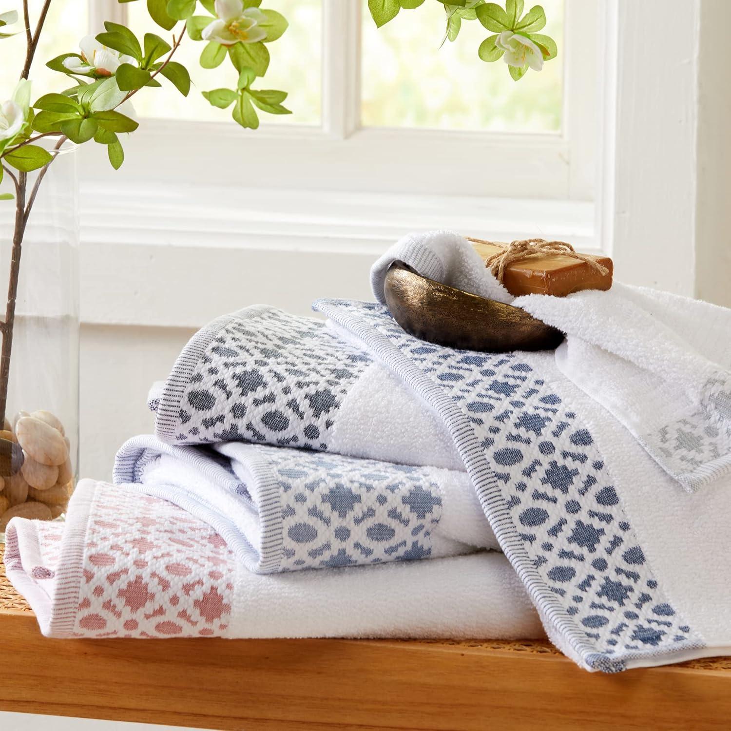 Nitra White and Navy Cotton Towel Set with Geometric Border