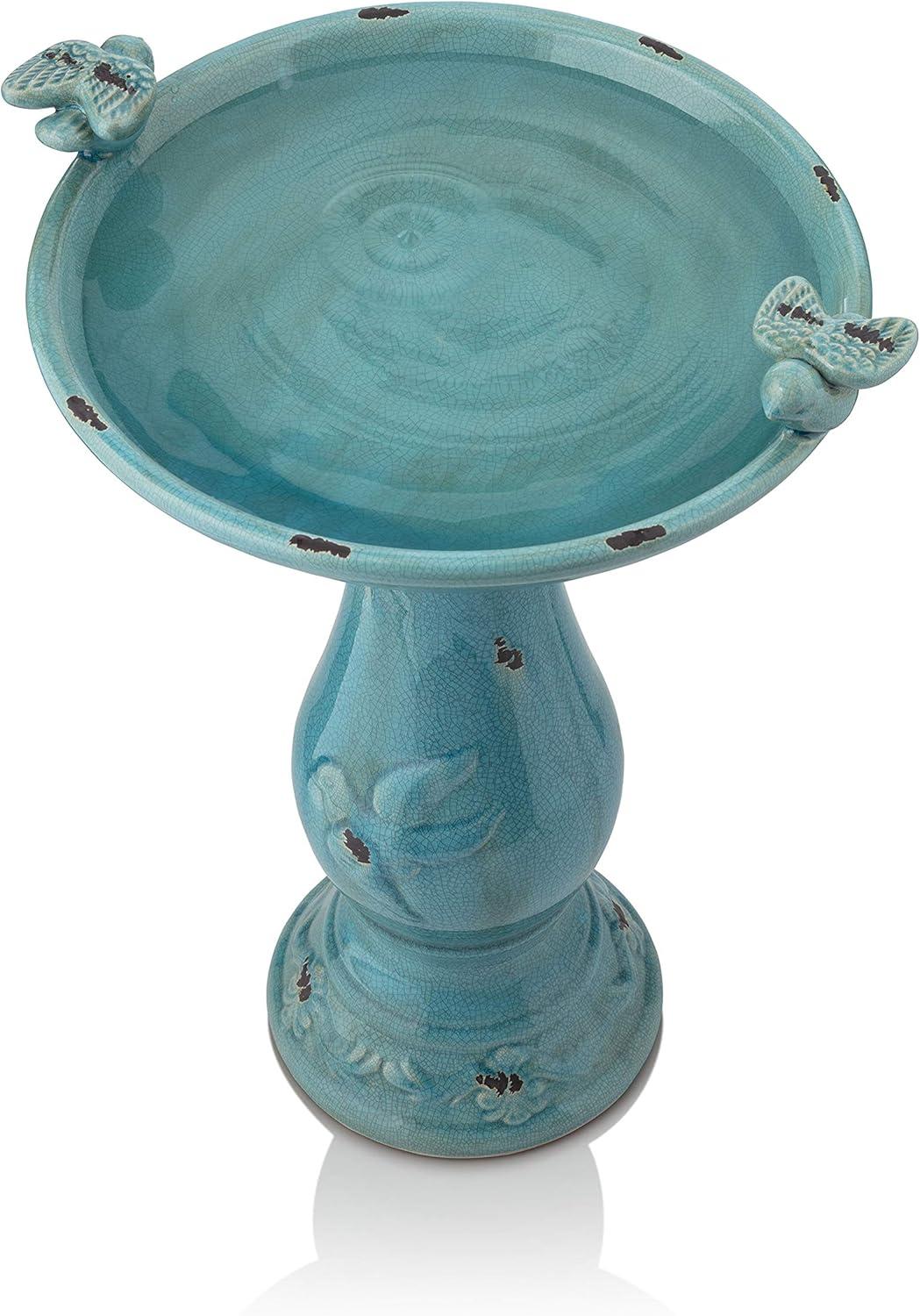 Alpine Corporation Ceramic Pedestal Bird Bath with Bird Figurines, Turquoise