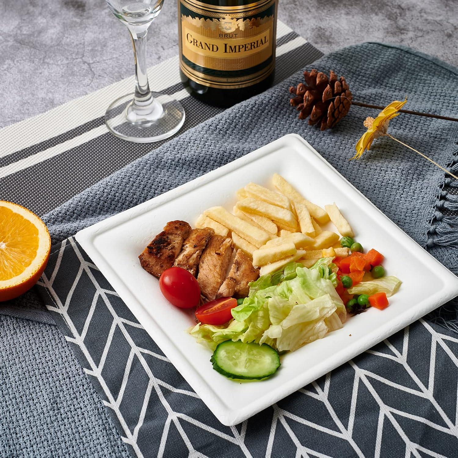 ECOLipak 150 Piecs Square Paper Plates, 8-inch Compostable Disposable Plates, Eco-friendly Heavy Duty Biodegradable Sugarcane Plates for Party Dinner Birthday