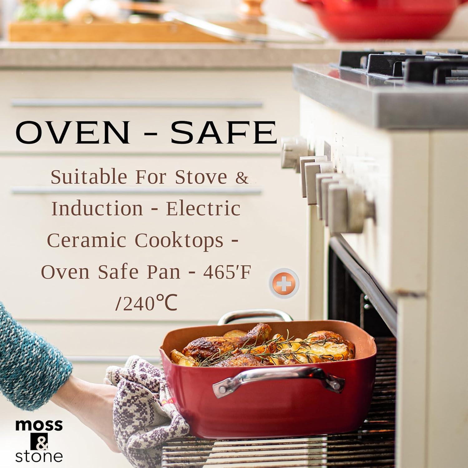 Moss & Stone Copper 5 Piece Set Chef Cookware, 9.5” Non Stick Pan, Deep Square Pan, Fry Basket, Steamer Tray, Dishwasher & Oven Safe, 5 Quart Copper Pot Set, Red Induction Cookware Set