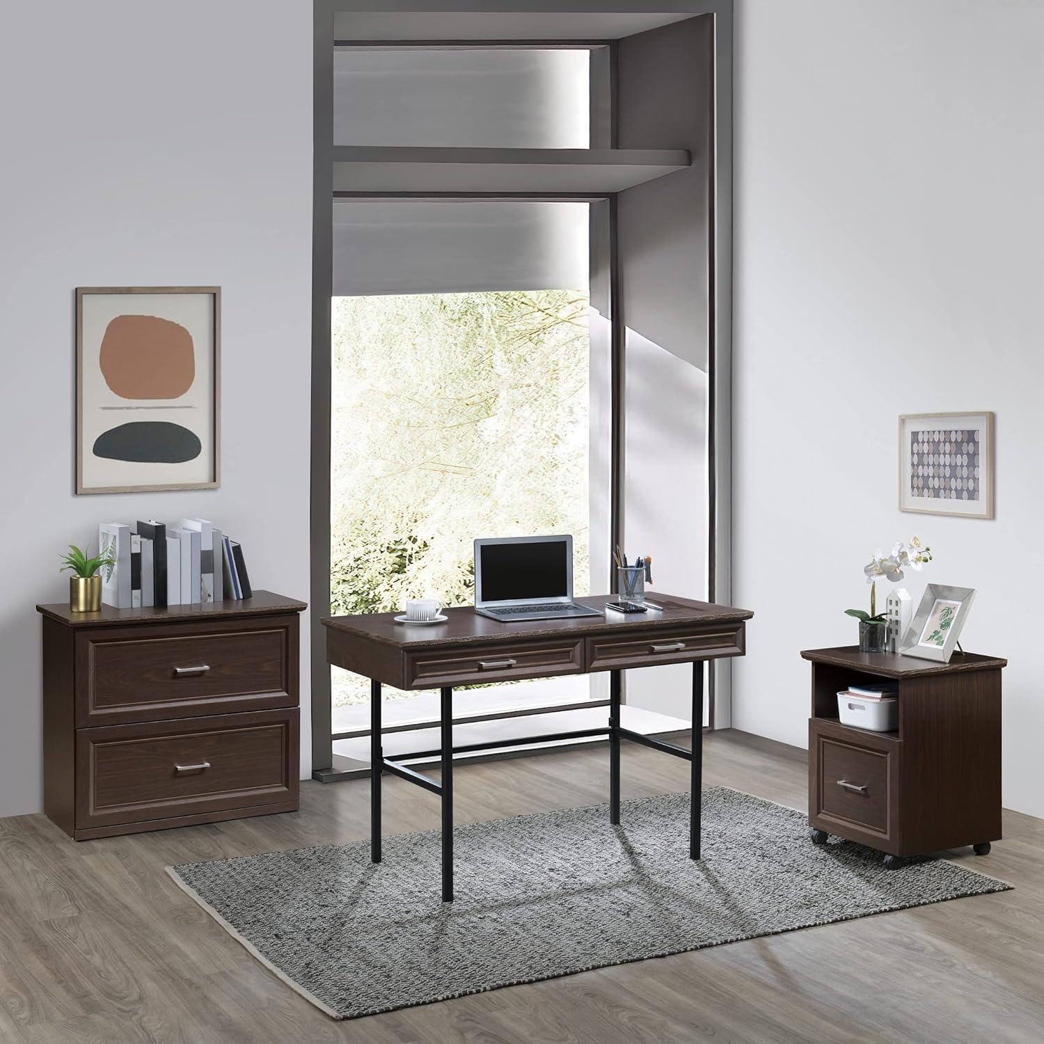 Jefferson Espresso Wood Writing Desk with Steel Frame and Drawers