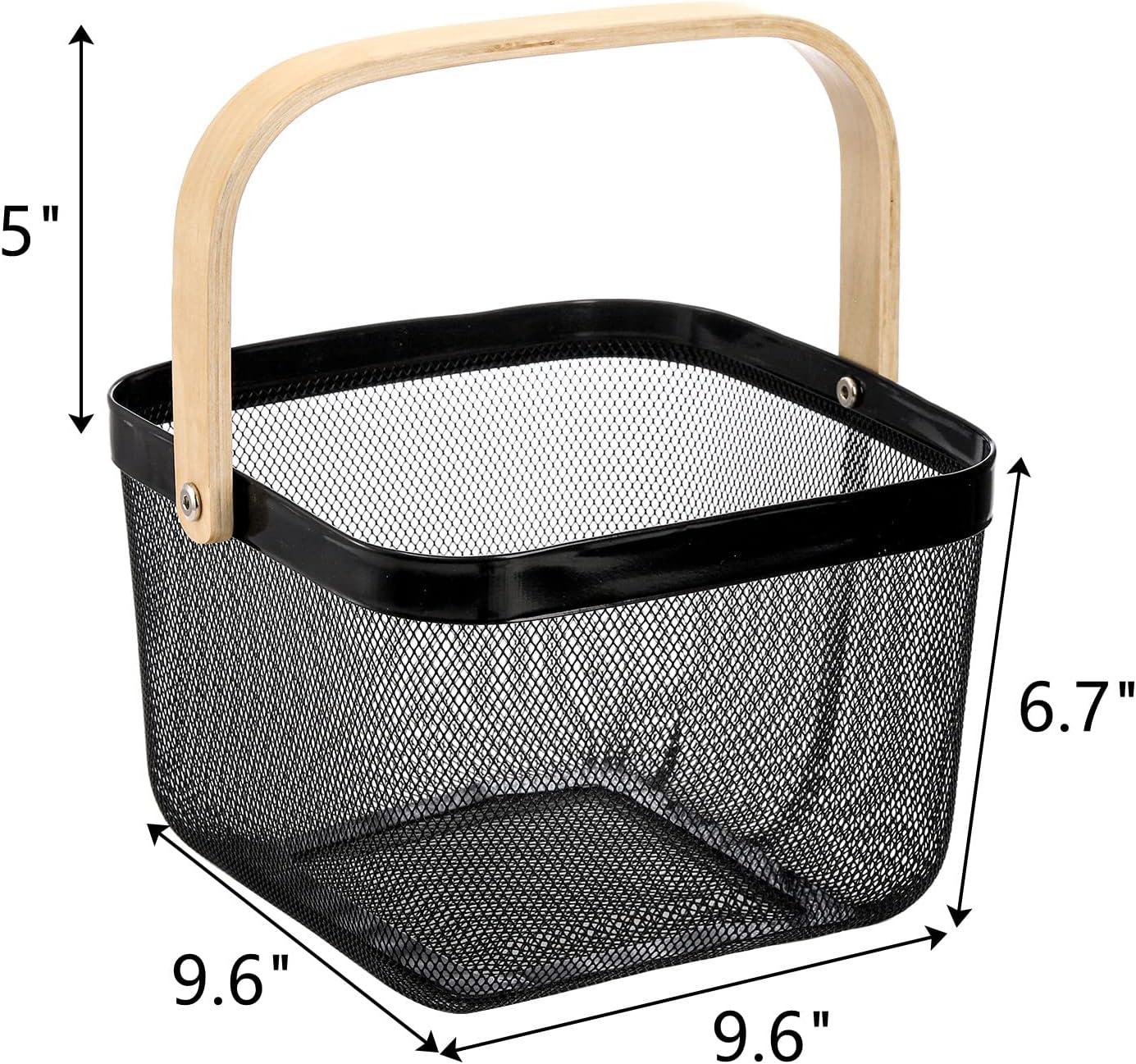 Black Metal Mesh Basket with Wooden Handle for Storage