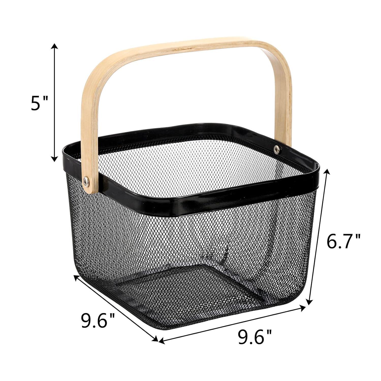 Black Metal Mesh Basket with Wooden Handle for Storage