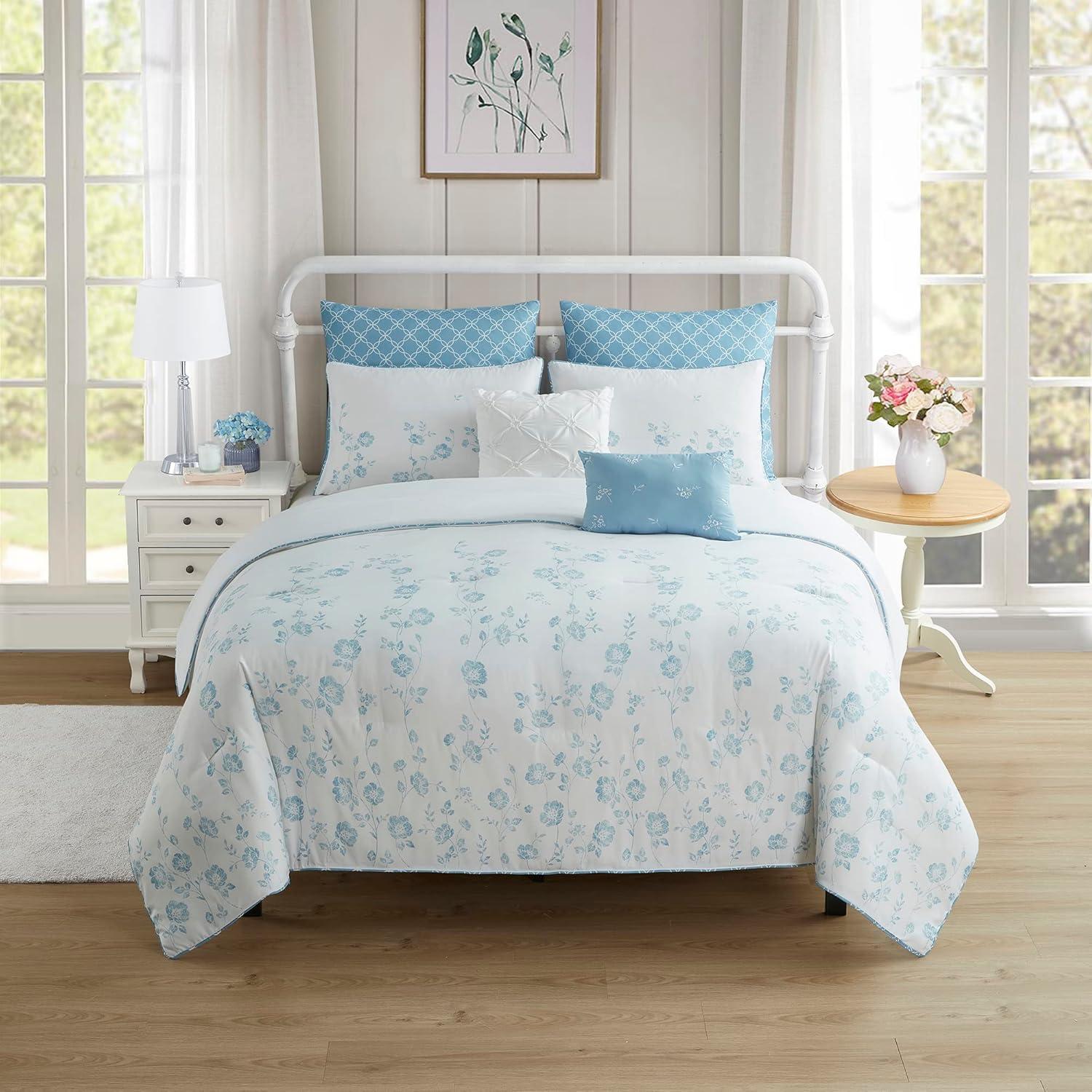 Adeline Queen White and Blue Reversible Microfiber Comforter Set