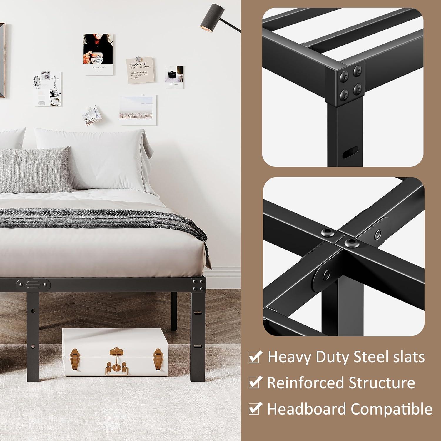 Full Size Black Steel Platform Bed Frame with Storage