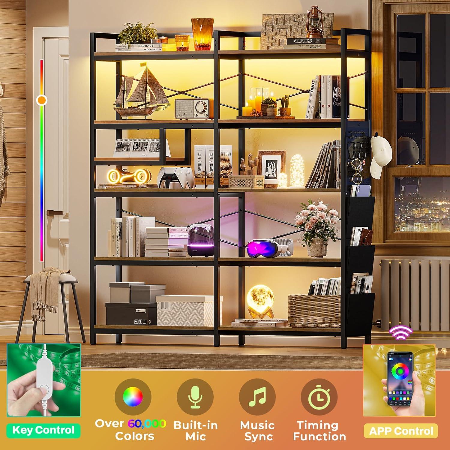 5-Tier Book Shelf with LED Light, 63" Reversible Storage Shelves, Corner Bookshelf with Storage Bag and Pegboard, Black