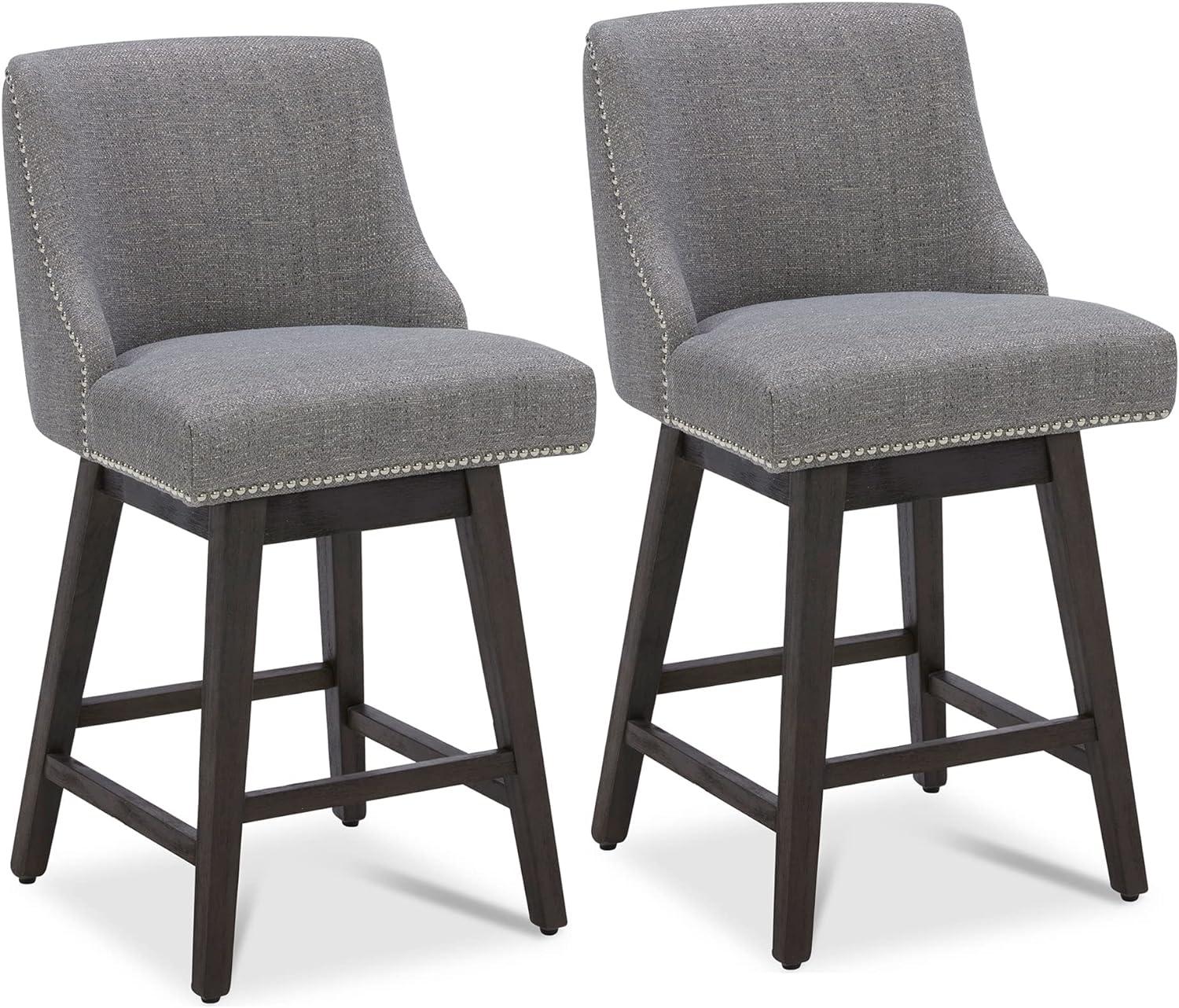 Fog Gray Fabric Swivel Counter Height Bar Stools with Nailhead Trim, Set of 2