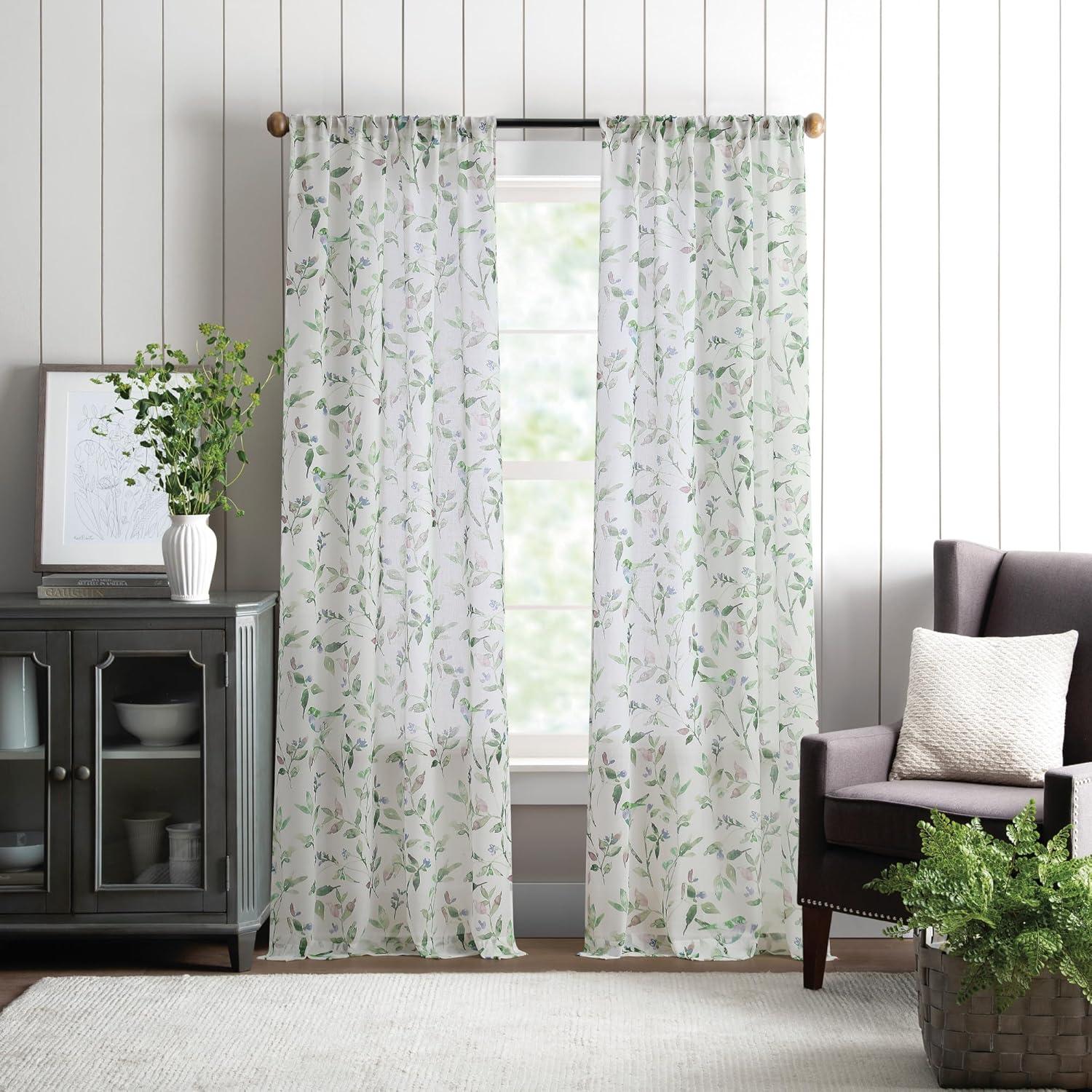 Forest Green Sheer Botanical Print Polyester Window Panels, 37in x 84in