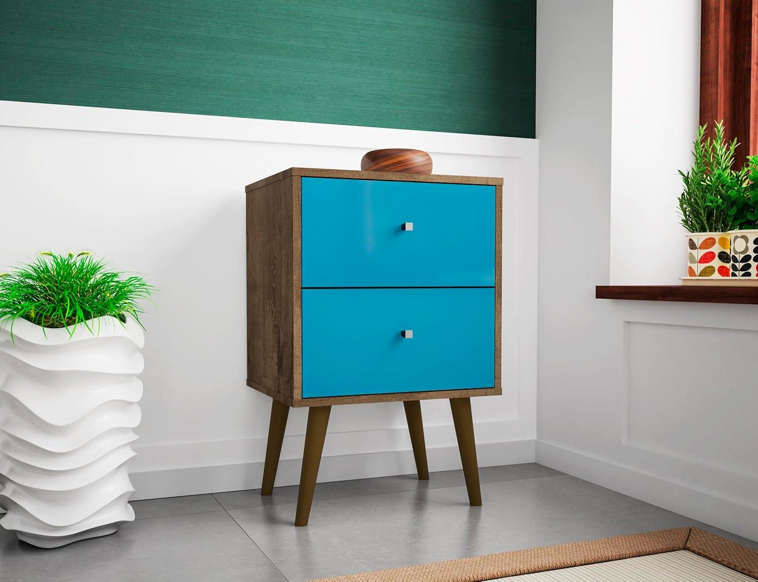 Liberty 2.0 Mid Century Modern Nightstand Rustic Brown/Aqua Blue - Manhattan Comfort