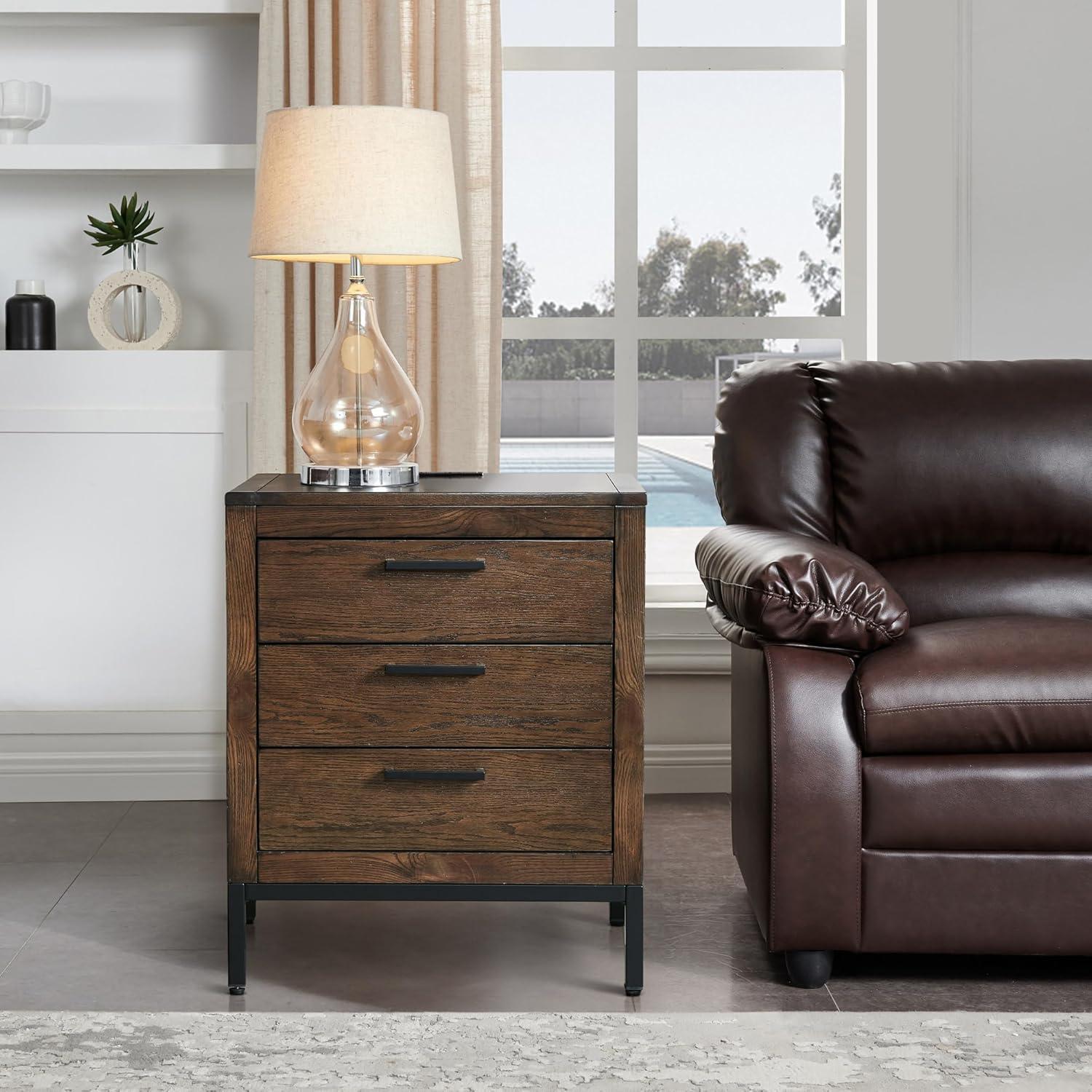Tableau Nightstand Side Table With Top Drawer and Hidden Lower Cabinet Rustic Modern – USB-C Fast Charging Station, A/C and USB Charging Port Integrated – Durable Solid Wood, Distressed Riverstone