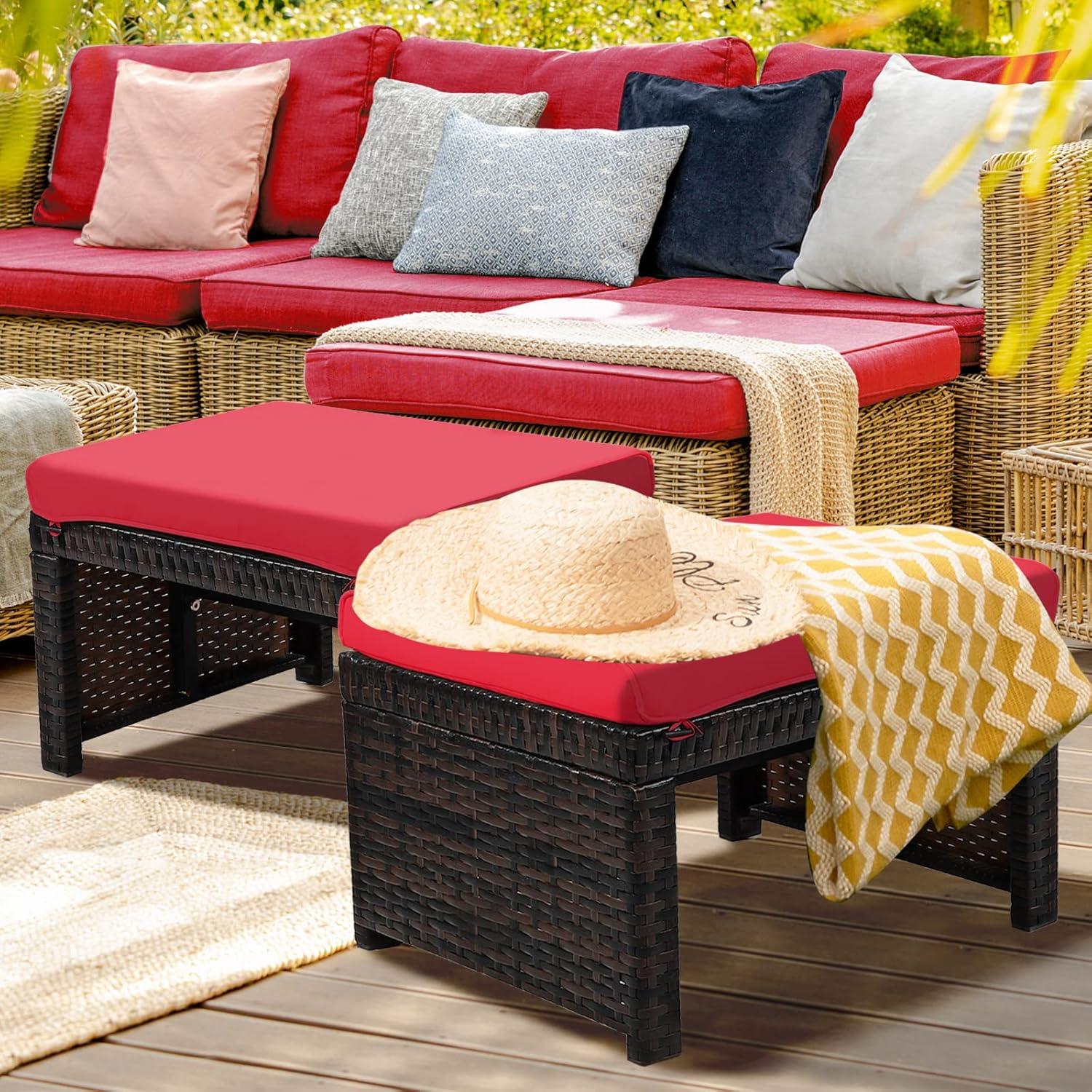 HAPPYGRILL 2 Piece Outdoor Wicker Ottomans, Patio Rattan Footstool with Cushions, Solid Steel Frame, Multifunctional Ottomans for Poolside Backyard Balcony