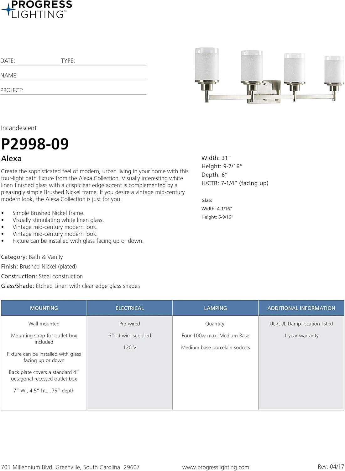 Progress Lighting Alexa Collection 4-Light Bath Fixture, Brushed Nickel, White Linen Glass Shade