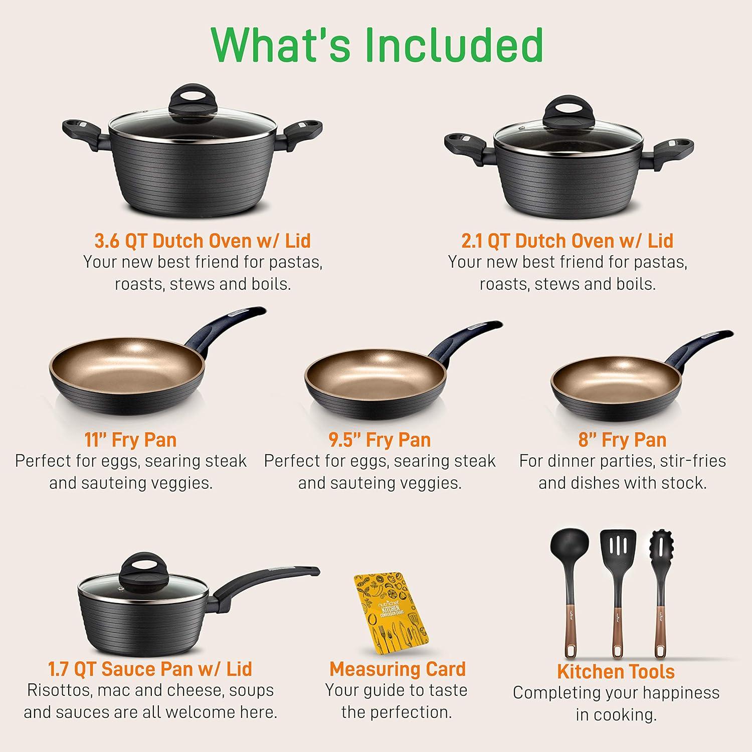 NutriChef 12 Piece Mineral Based Nonstick Home Cookware Pot and Pan Set with Tempered Glass Lids, Hard Anodized Exterior, and Cool Touch Handles