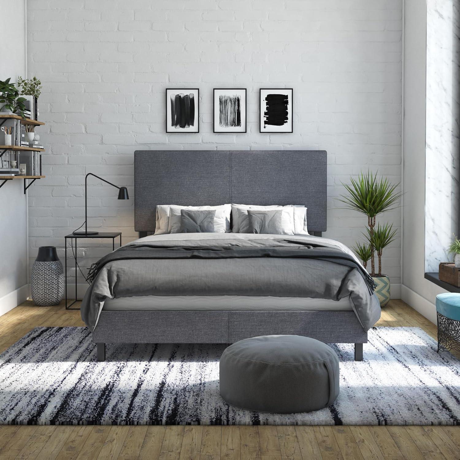 Gray Linen Upholstered Queen Bed with Metal Frame