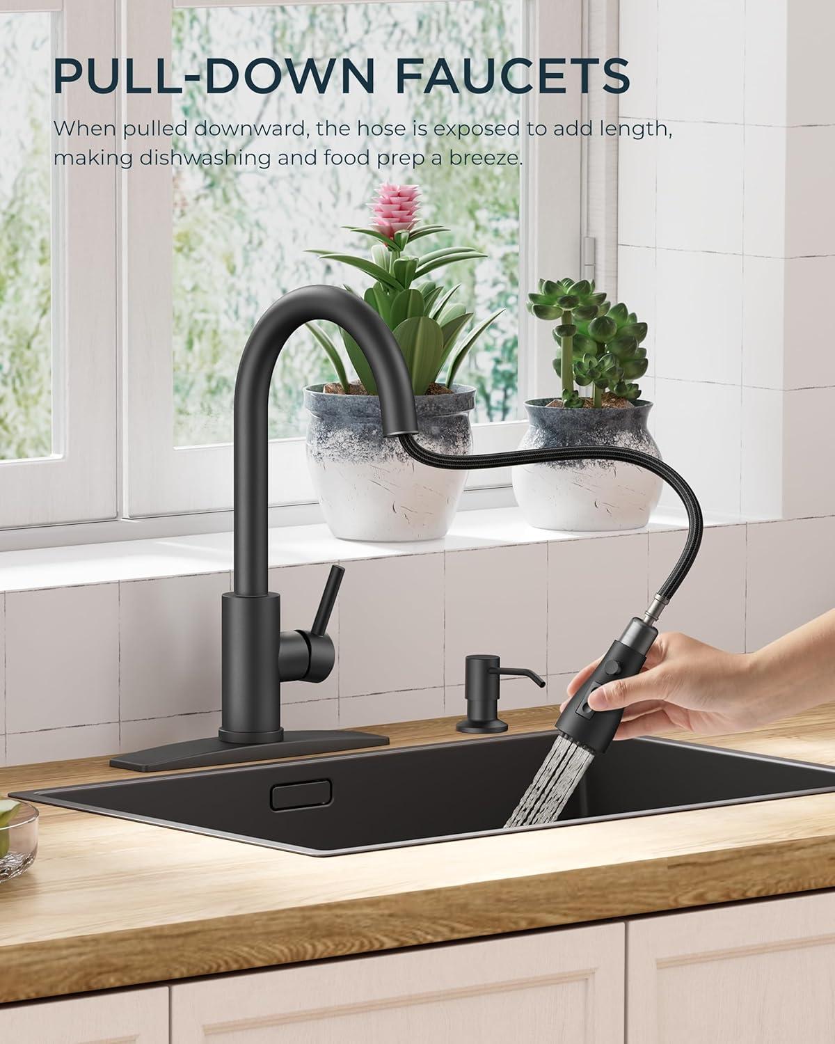 Matte Black Stainless Steel Pull-Down Kitchen Faucet with Soap Dispenser