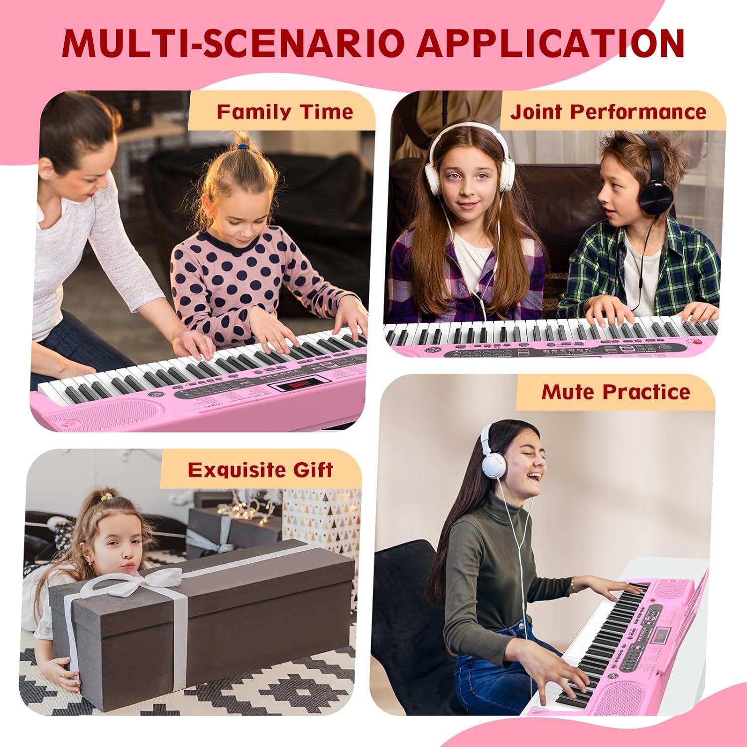 Fenbeli 61 Key Piano Keyboard with Lighted Keys Electric Keyboard Kit with Stand, Bench, Headphones, Built-in Speakers, Pink